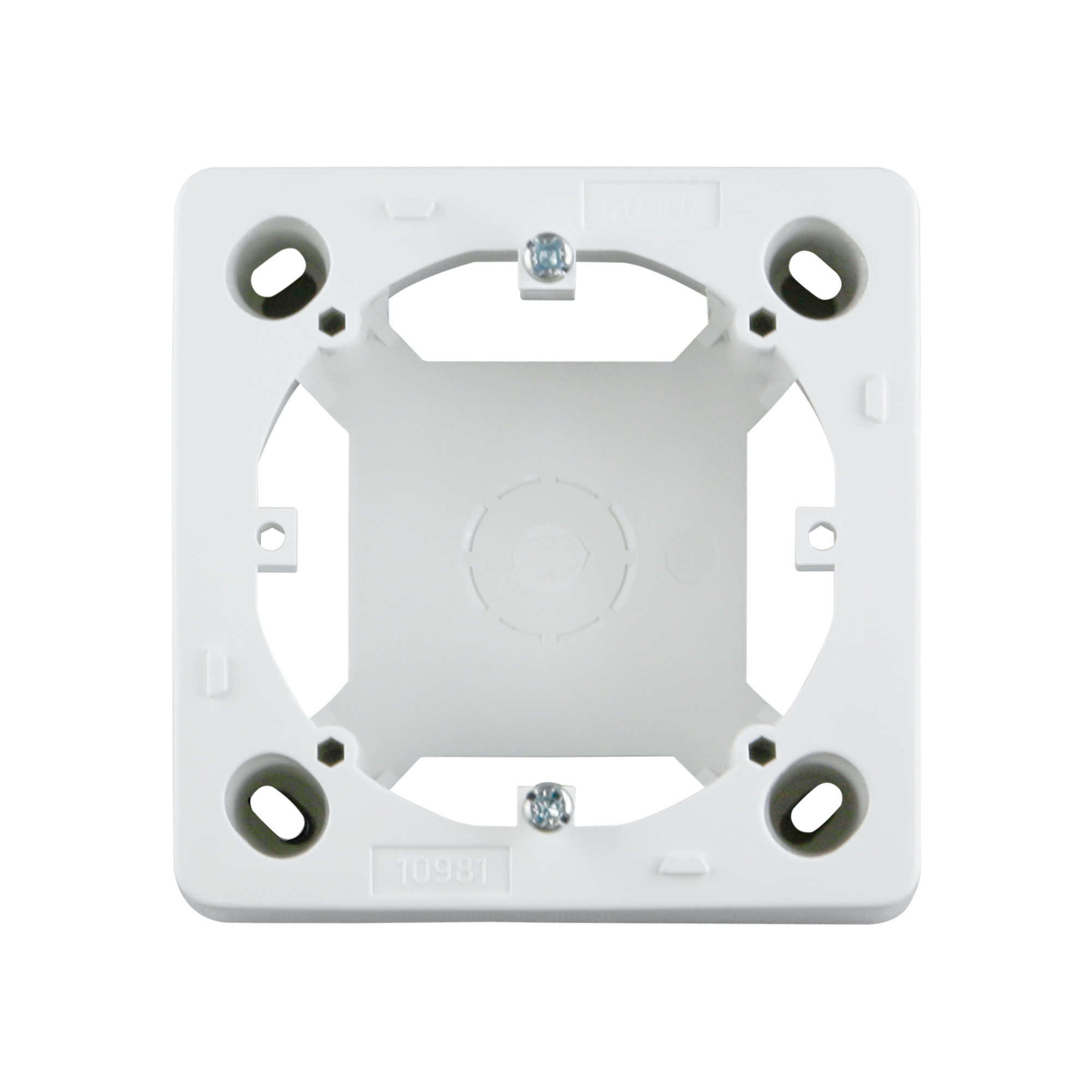 Quadratischer Aufputzrahmen mit zentraler Öffnung und Befestigungslöchern für System JS1