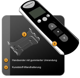slider_image_01934482c92a779eb704506494e76e1b Funk-Handsender mit gummierter Umrandung und Kunststoff-Wandhalterung