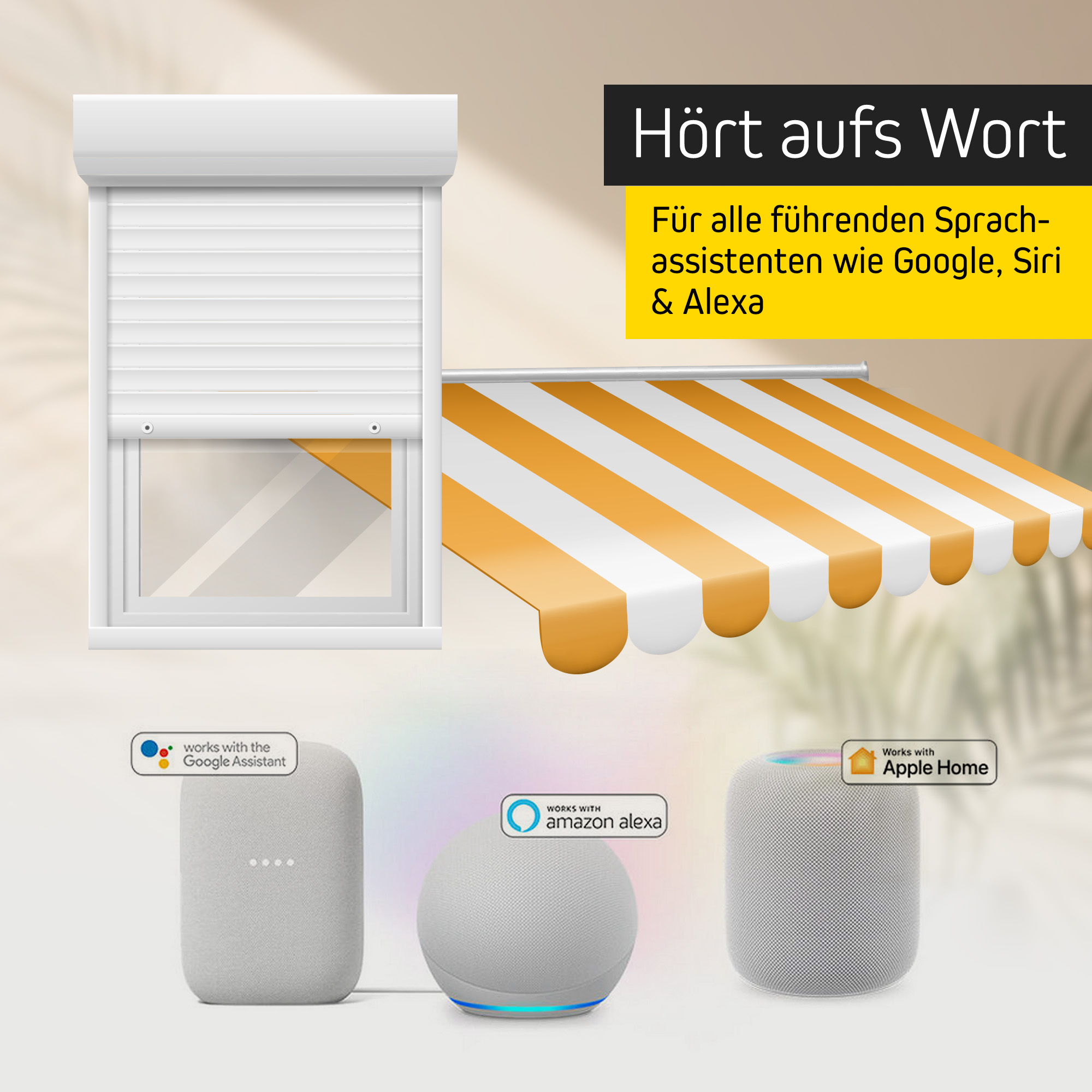 Smart-Home-Bridge mit Sprachassistenten-Kompatibilität, zeigt Jalousie und Markise