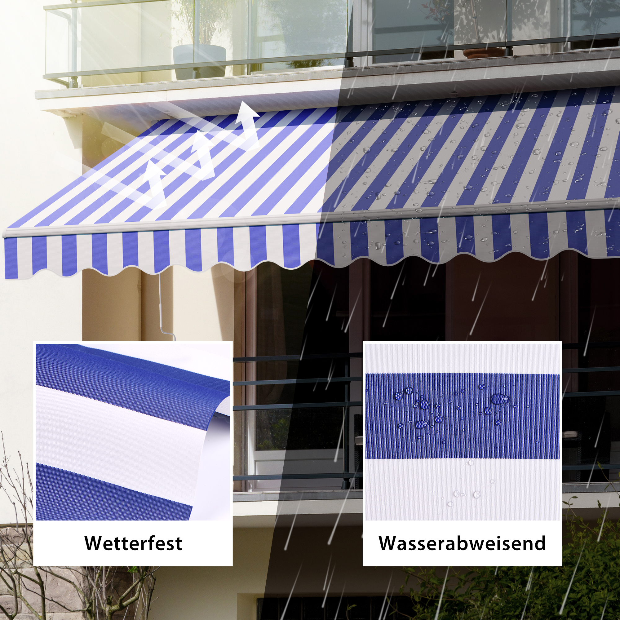 Gelenkarmmarkise Basic 2000 an einem Balkon, wetterfest und wasserabweisend