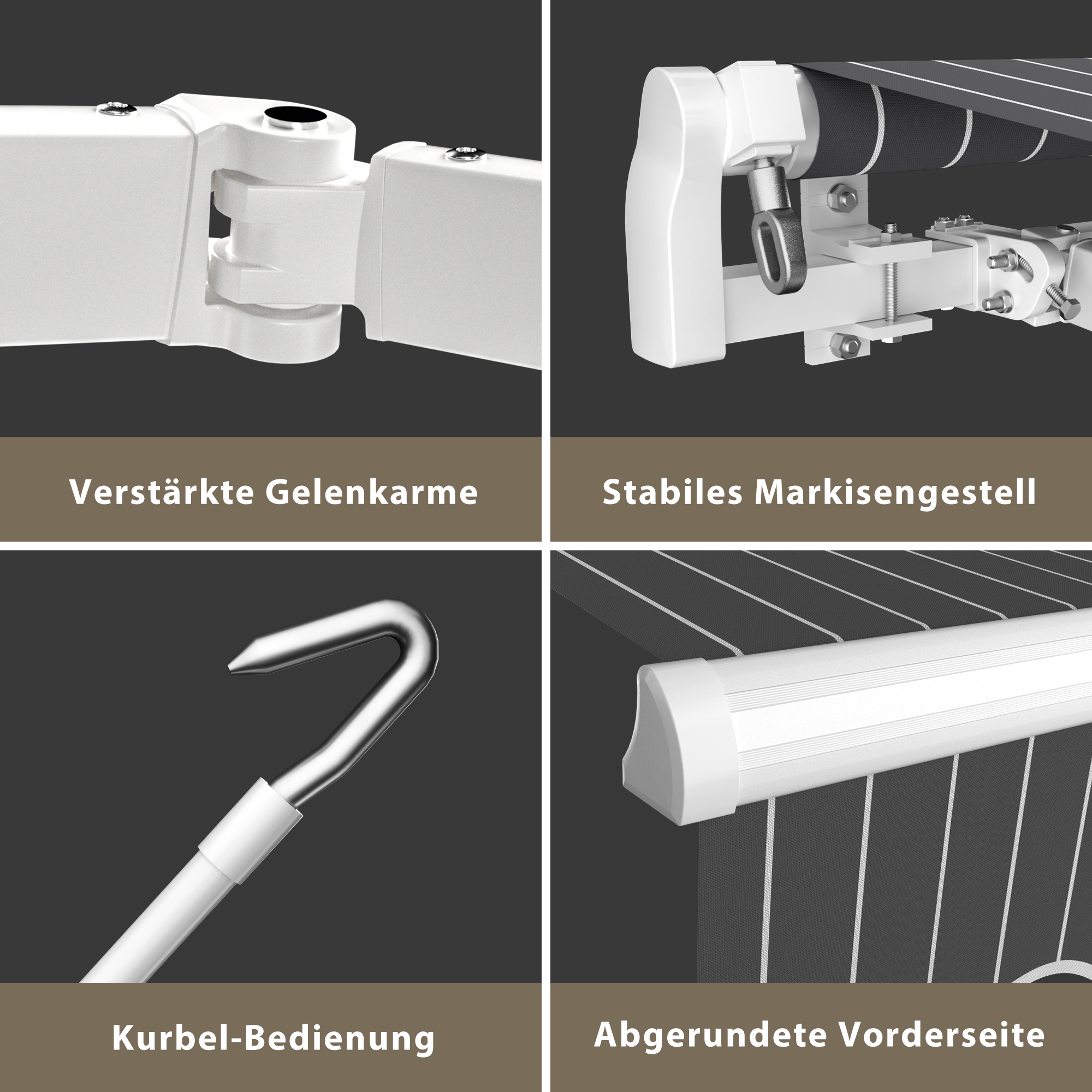 Markise mit verstärkten Gelenkarmen, stabilem Gestell, Kurbel-Bedienung und abgerundeter Vorderseite
