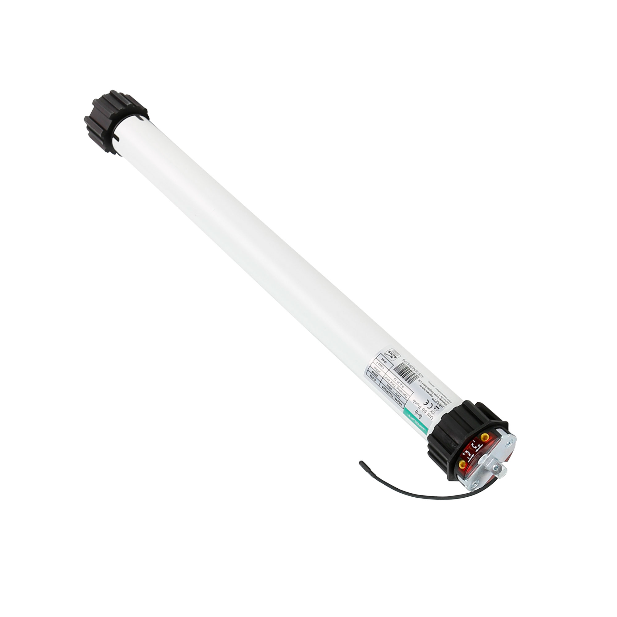 Zwei zylindrische Funk-Rollladenmotoren mit Kabelanschlüssen und Beschriftungen