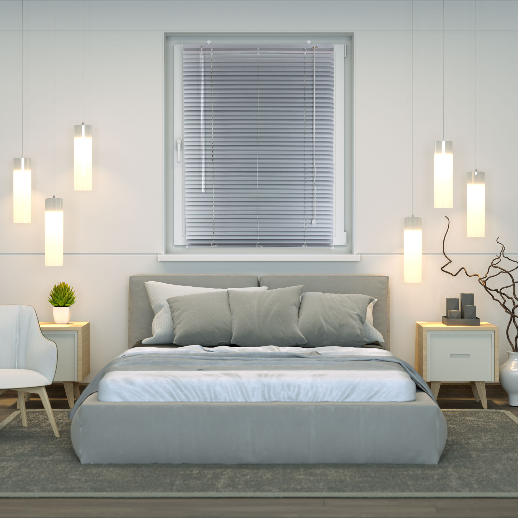 Aluminium Jalousie an einem Fenster in einem modern eingerichteten Schlafzimmer
