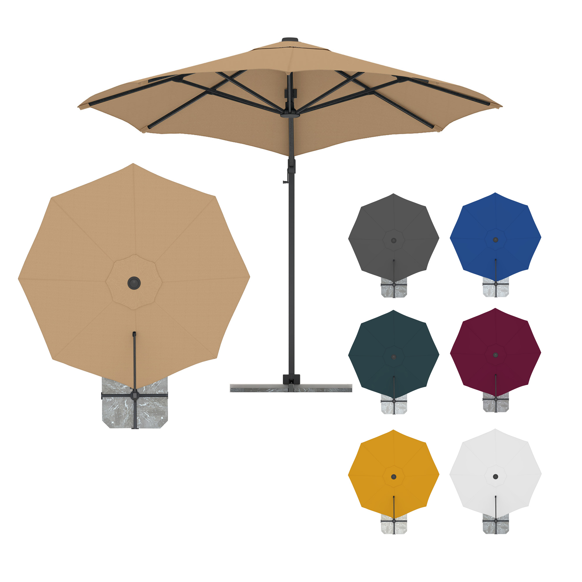 Ampelschirm mit rundem Schirmdach und seitlichem Standfuß in verschiedenen Farben