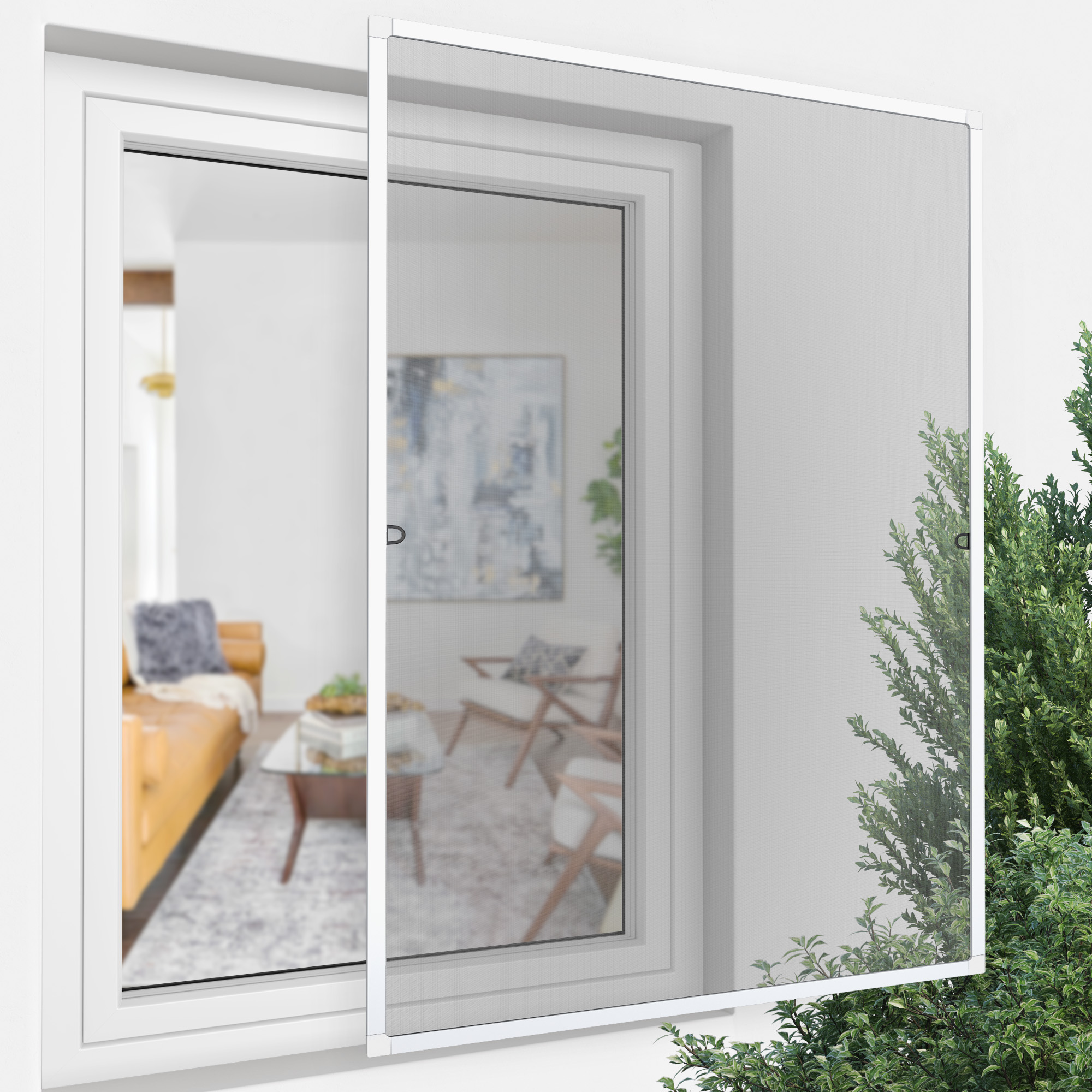 Insektenschutz-Spannrahmen für Fenster, montiert in einem geöffneten Fensterrahmen