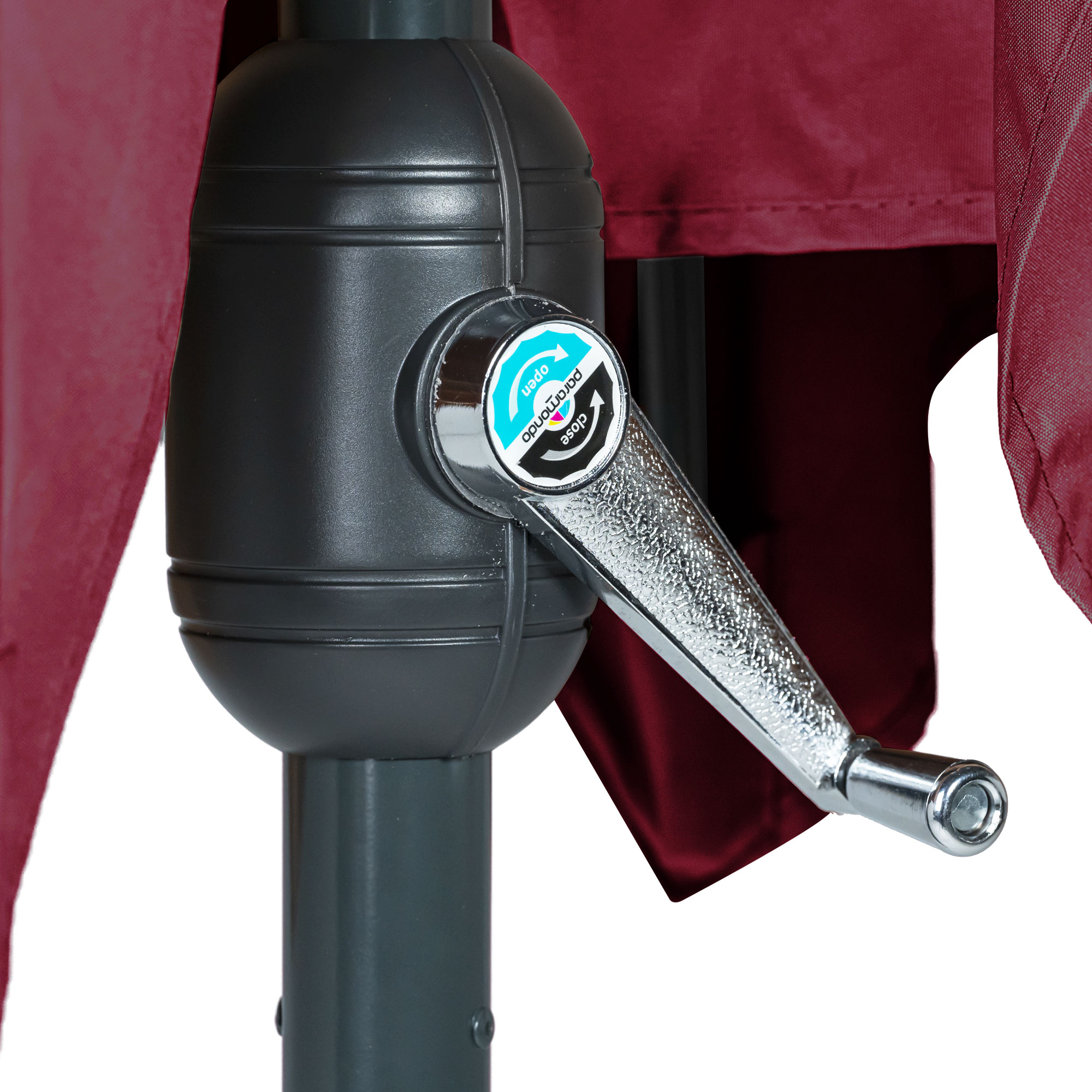 slider_image_63512a7e56534ca6a87f871a6f27d6c5 Kurbelmechanismus eines knickbaren Sonnenschirms mit Stoffbezug sichtbar