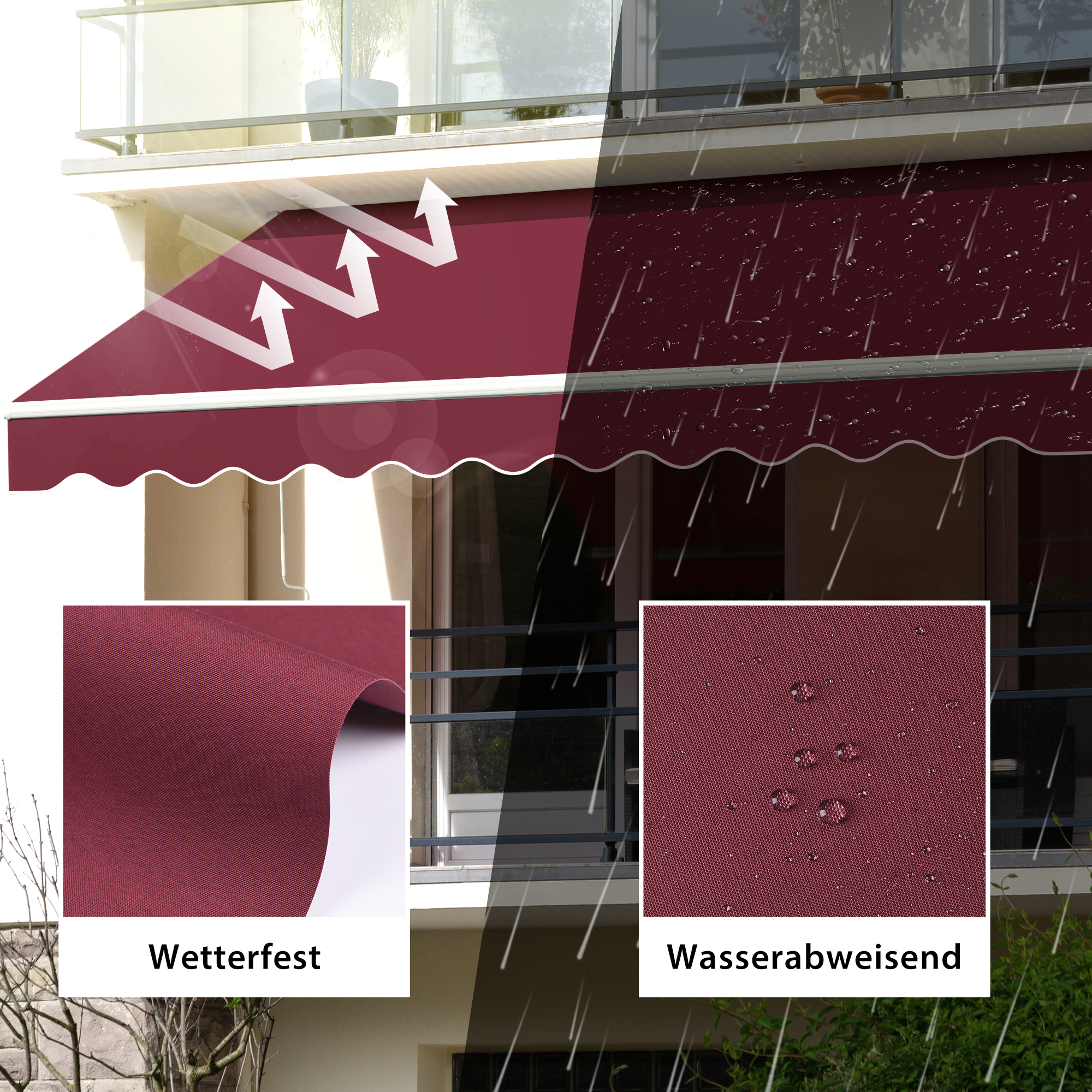 Gelenkarmmarkise Basic 2000 an einem Balkon, wetterfest und wasserabweisend