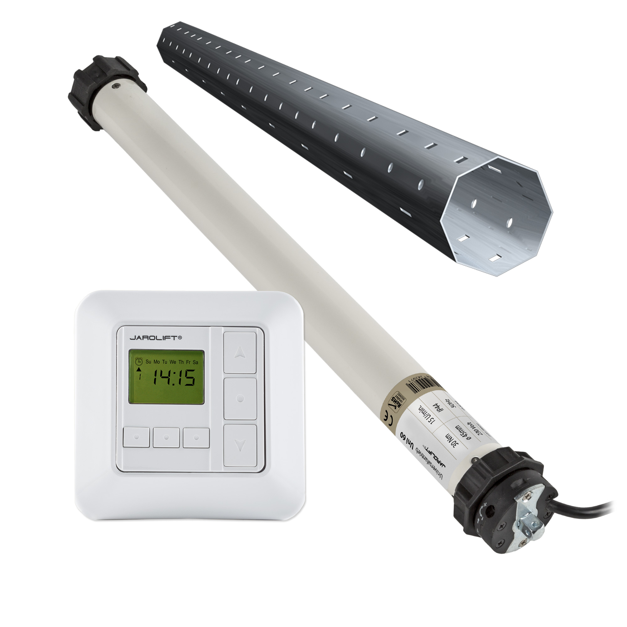 Rollladenmotor mit Steuerung und Kabel für automatisierte Rollladenbedienung