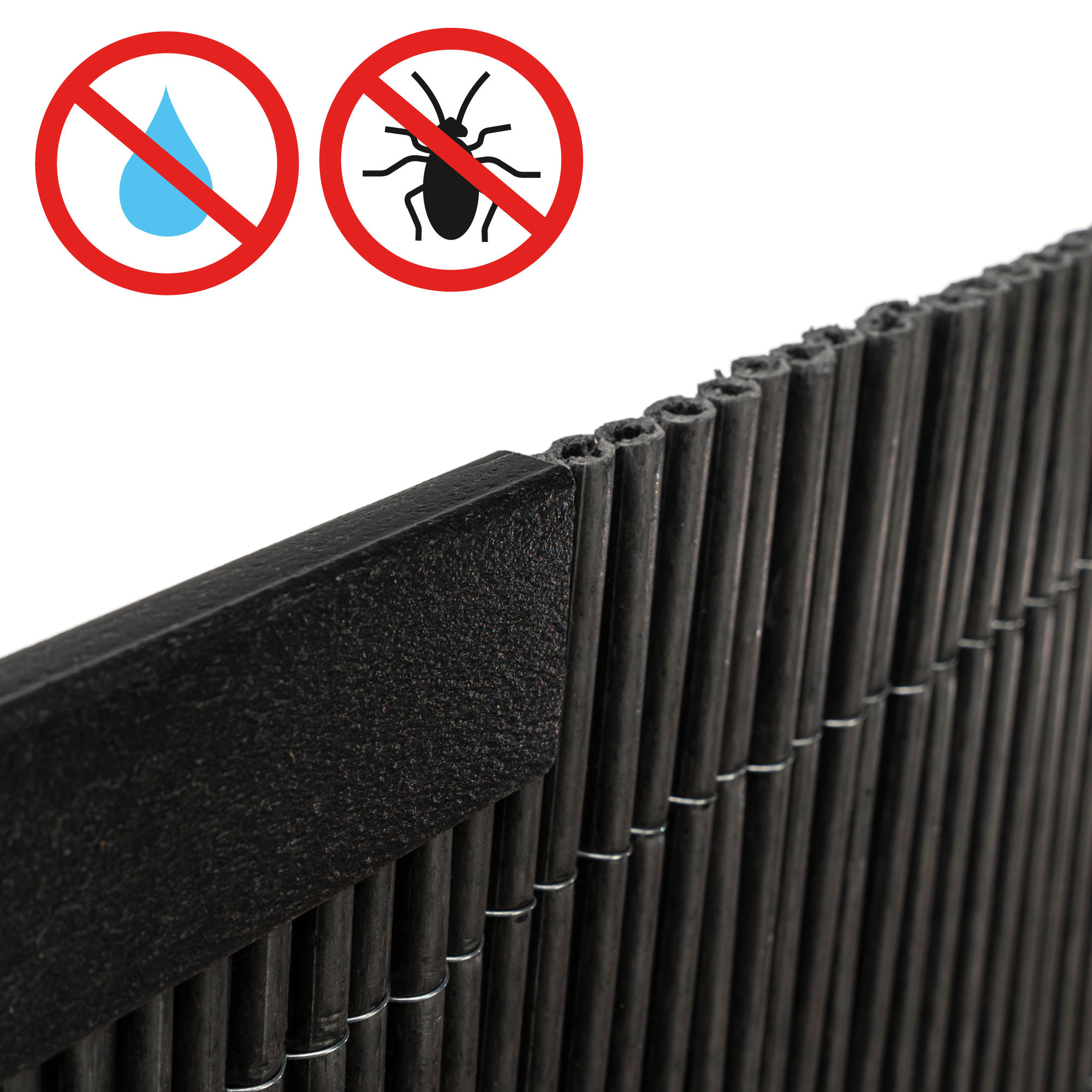 slider_image_11333e0ebd254e0b97db0bdf296298ca Abdeckprofil für Sichtschutzmatte aus Bambusmaterial mit Schutzsymbolen gegen Wasser und Insekten