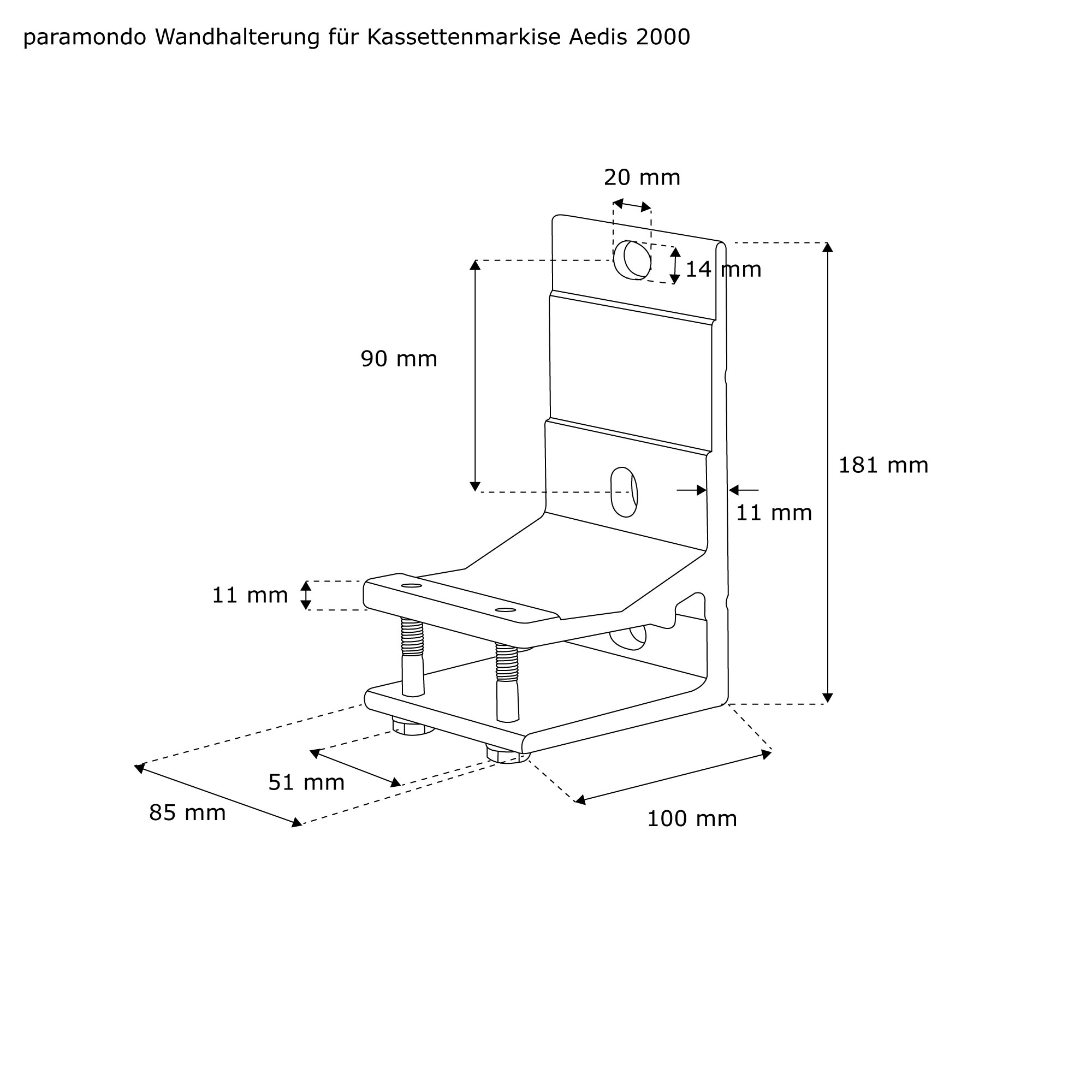 Wandhalterung für Kassettenmarkise Aedis 2000 mit Maßen und Befestigungselementen