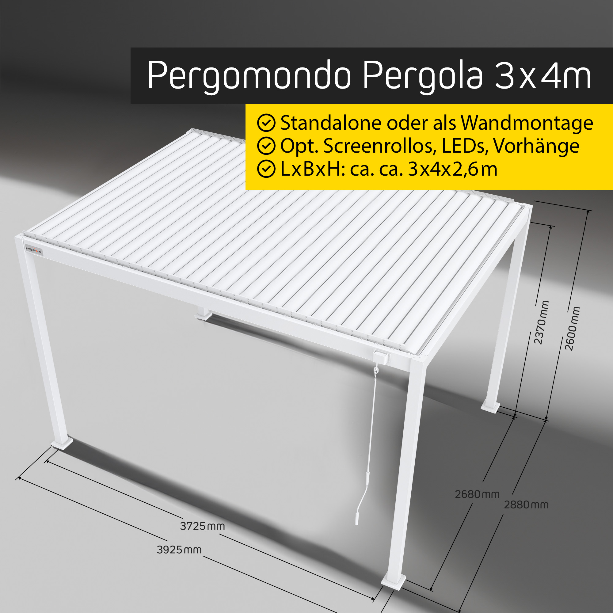 slider_image_019209cb16157513af831060f0d41279 Pergola mit Lamellendach, freistehend oder wandmontiert, mit optionalen Zubehörmöglichkeiten