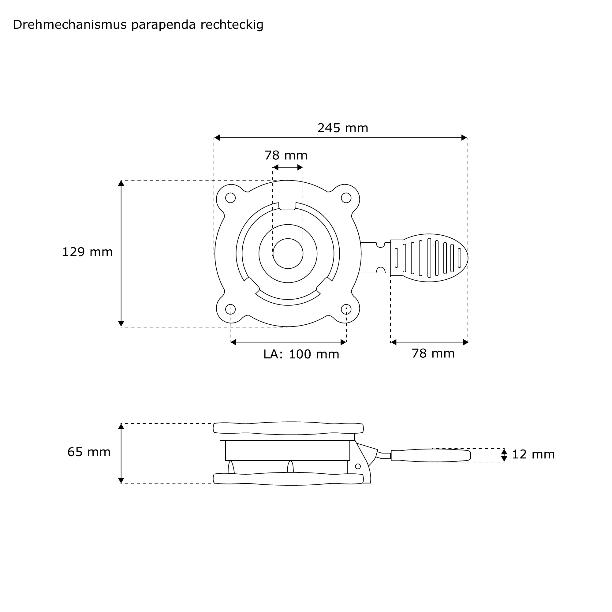 Technische Zeichnung eines Drehmechanismus für einen Ampelschirm mit Maßen und Hebel