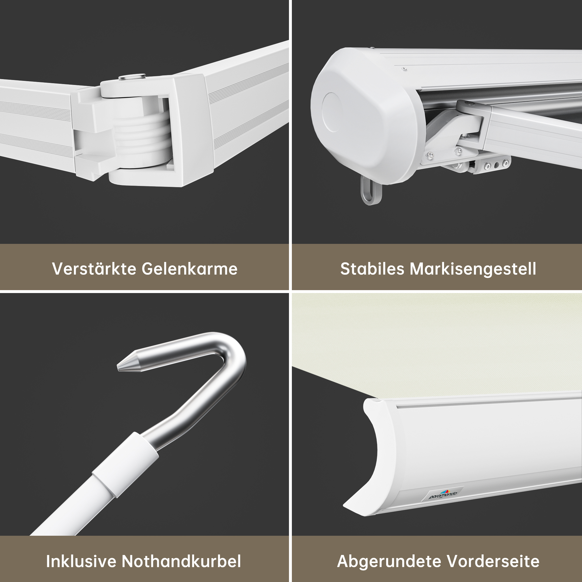 Kassettenmarkise Curve 2000 mit verstärkten Gelenkarmen und abgerundeter Vorderseite