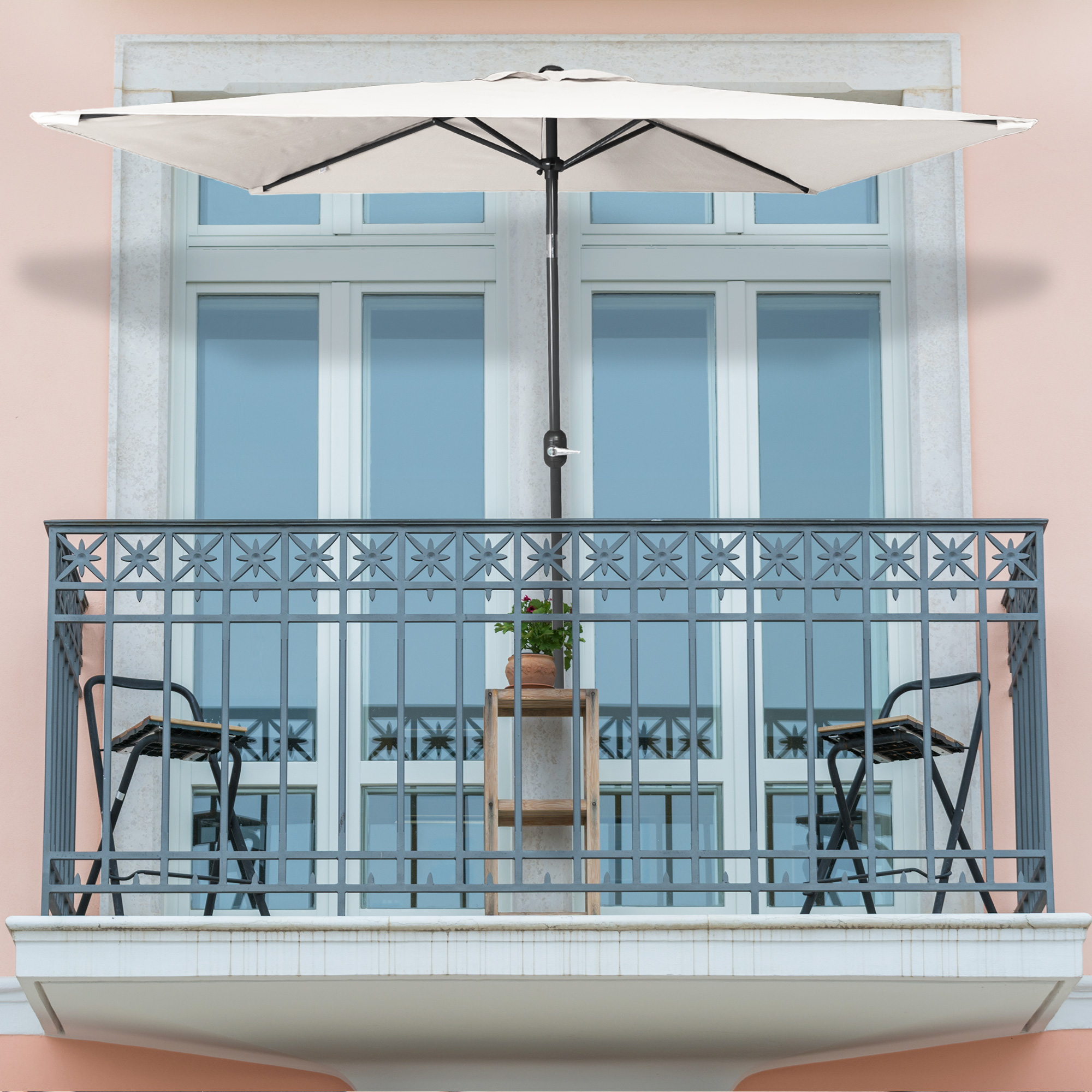 slider_image_978574de351447cbbf25c36c0fa063cb Kleiner, knickbarer Sonnenschirm auf einem Balkon über Tisch und Stühlen