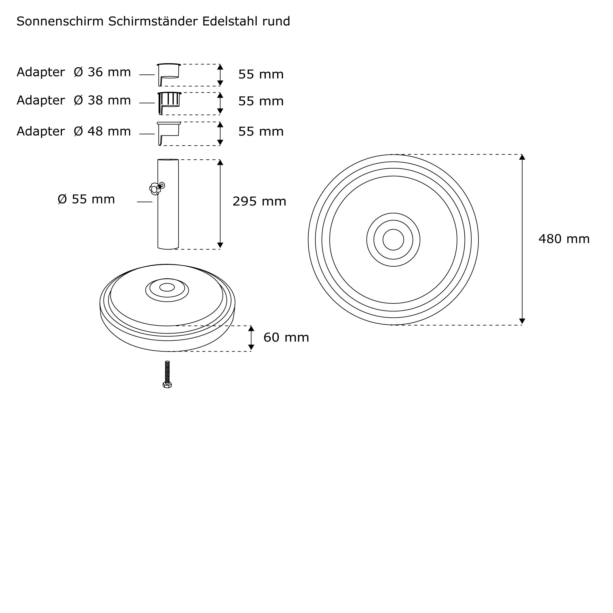 Diagramm eines quadratischen Sonnenschirmständers aus Edelstahl mit Adaptern und Maßen