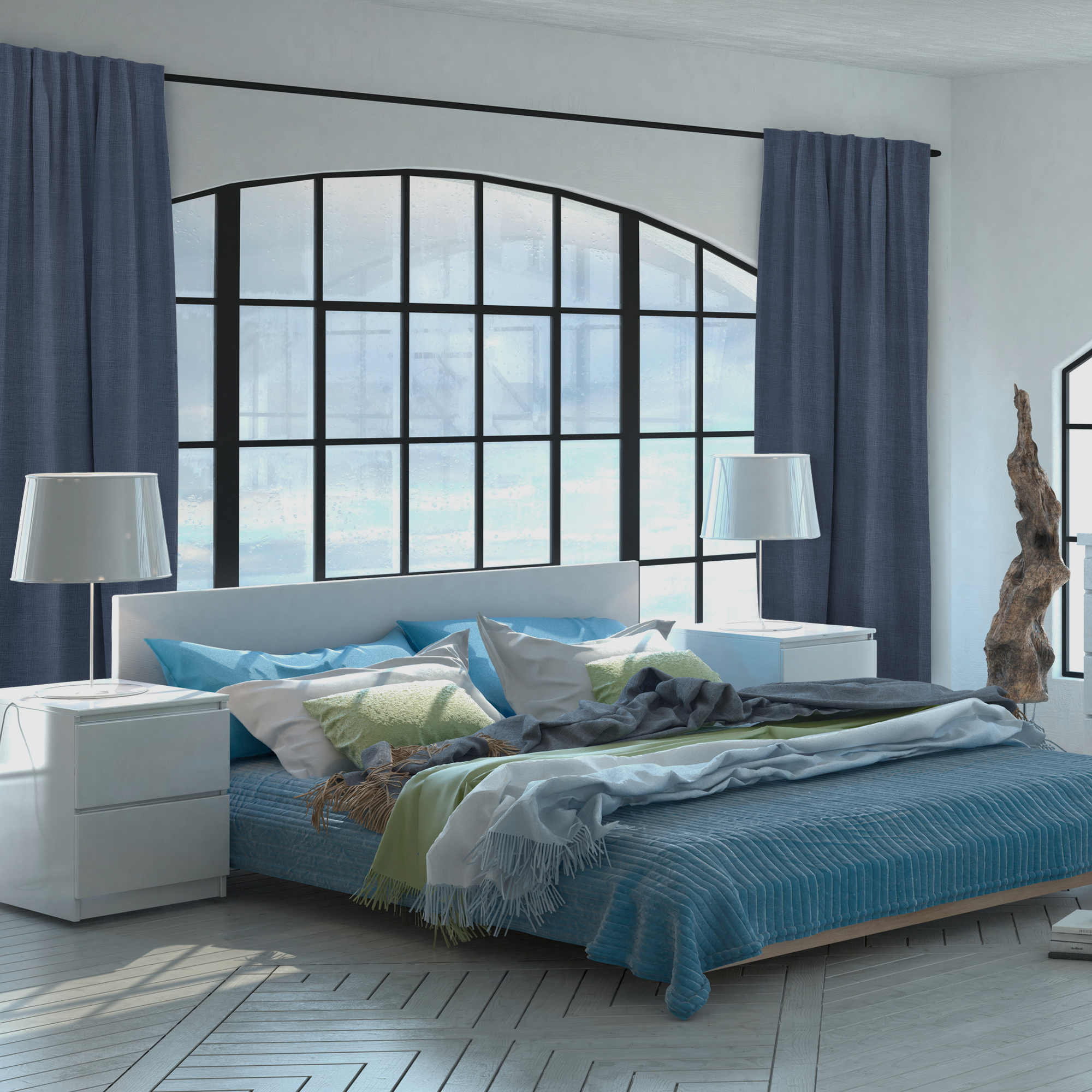 Thermo-Vorhang mit Kombiband an Fenster in modernem Schlafzimmer mit Bett und Nachttischen