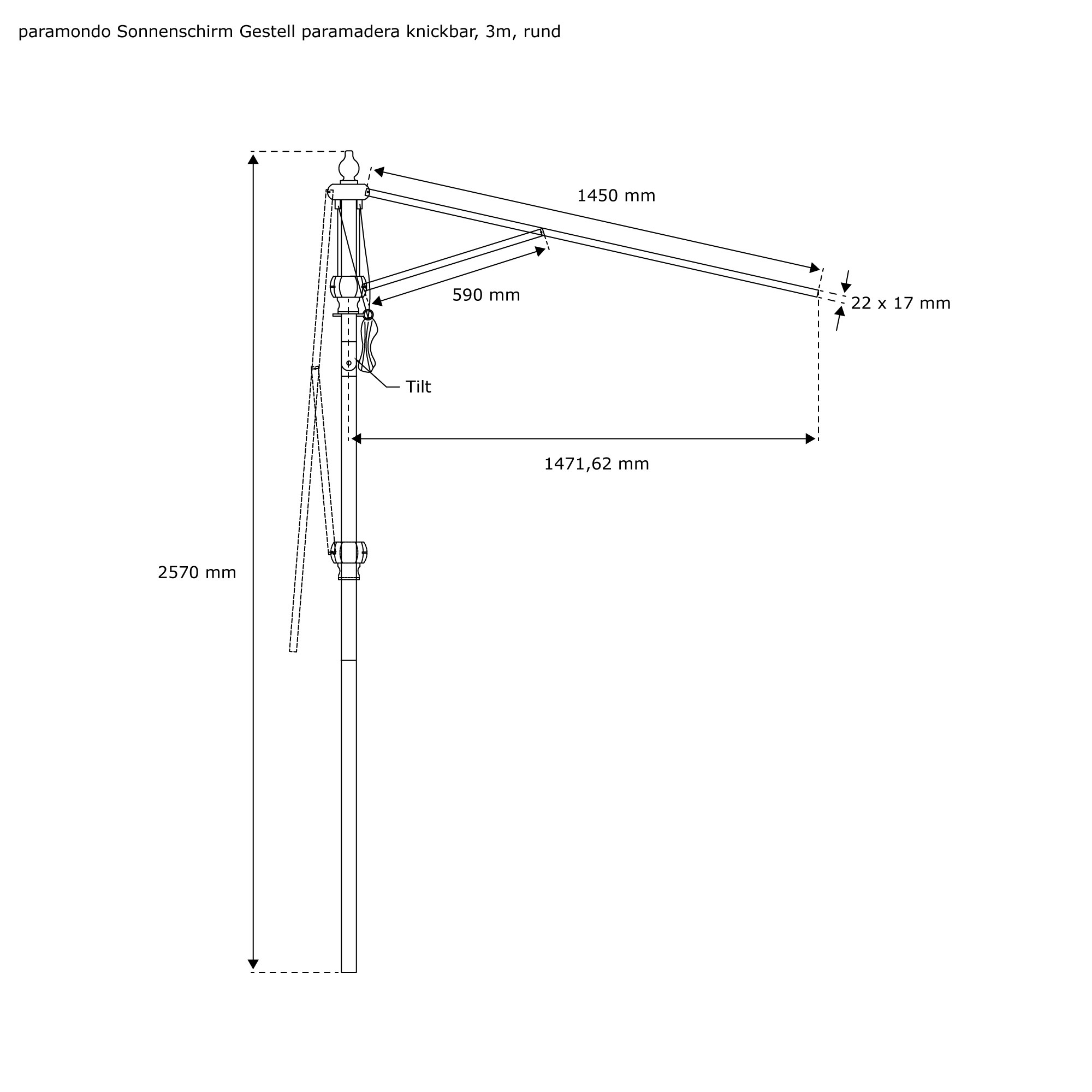 Diagramm eines knickbaren Sonnenschirmgestells mit Maßen und Neigungsfunktion