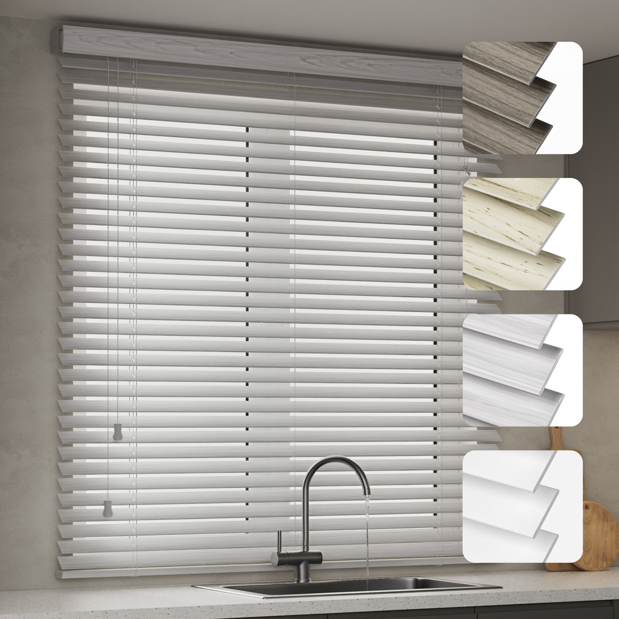Jalousie in Holzoptik über Spüle, Detailansichten der Lamellen in verschiedenen Ausführungen