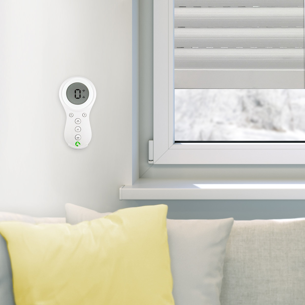 slider_image_019256b812c57260b9bb21f36ea6a04d Funkhandsender an der Wand neben einem Fenster mit geschlossenen Jalousien