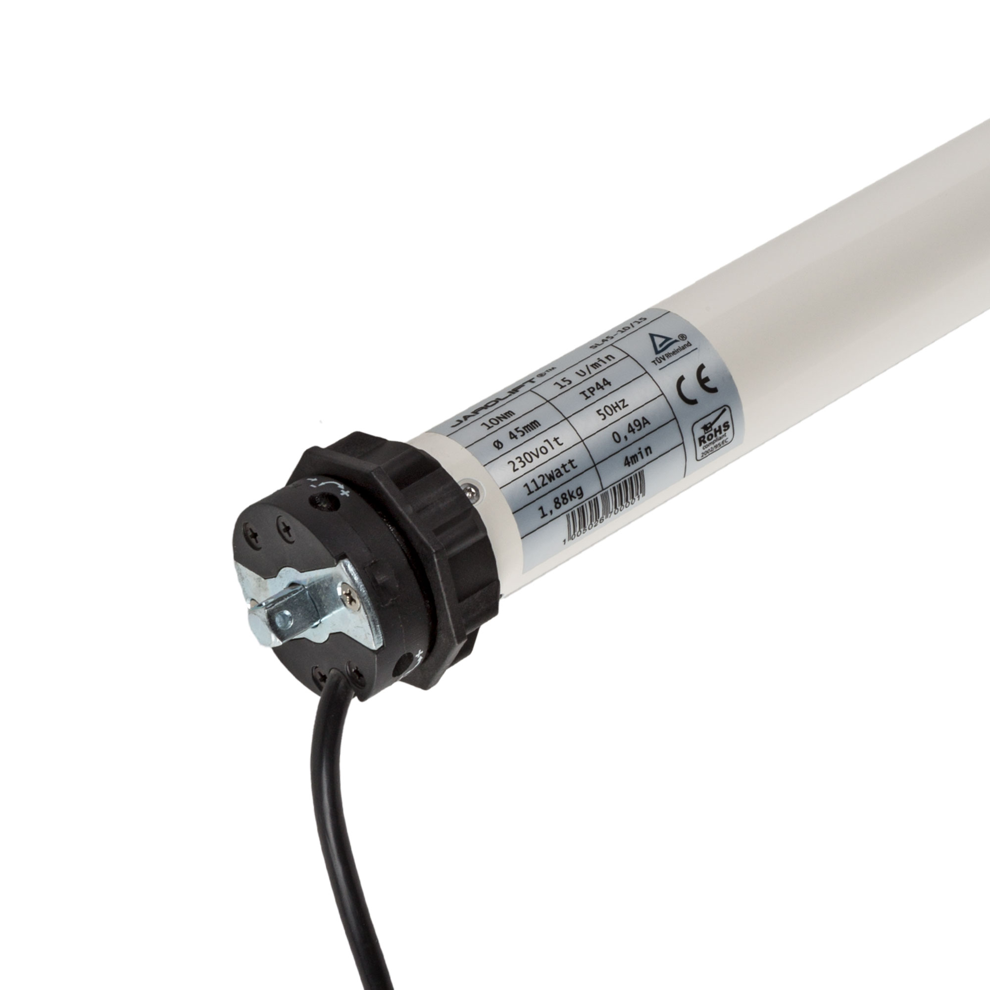 Rollladenmotor mit Kabel und Etikett für technische Spezifikationen