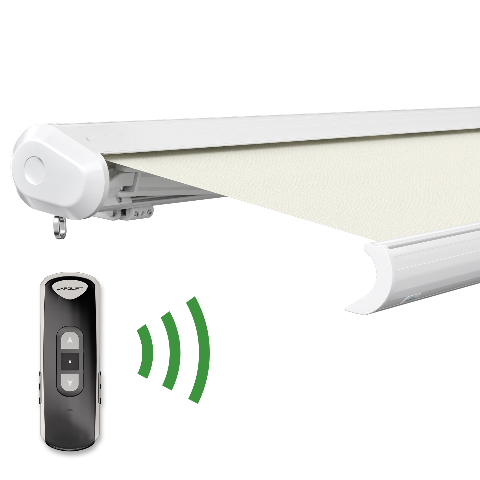 slider_image_0192906e6561705b952acdb5e29e1eb4 Kassettenmarkise mit Fernbedienung, zeigt Tuch und Gehäuse der Markise