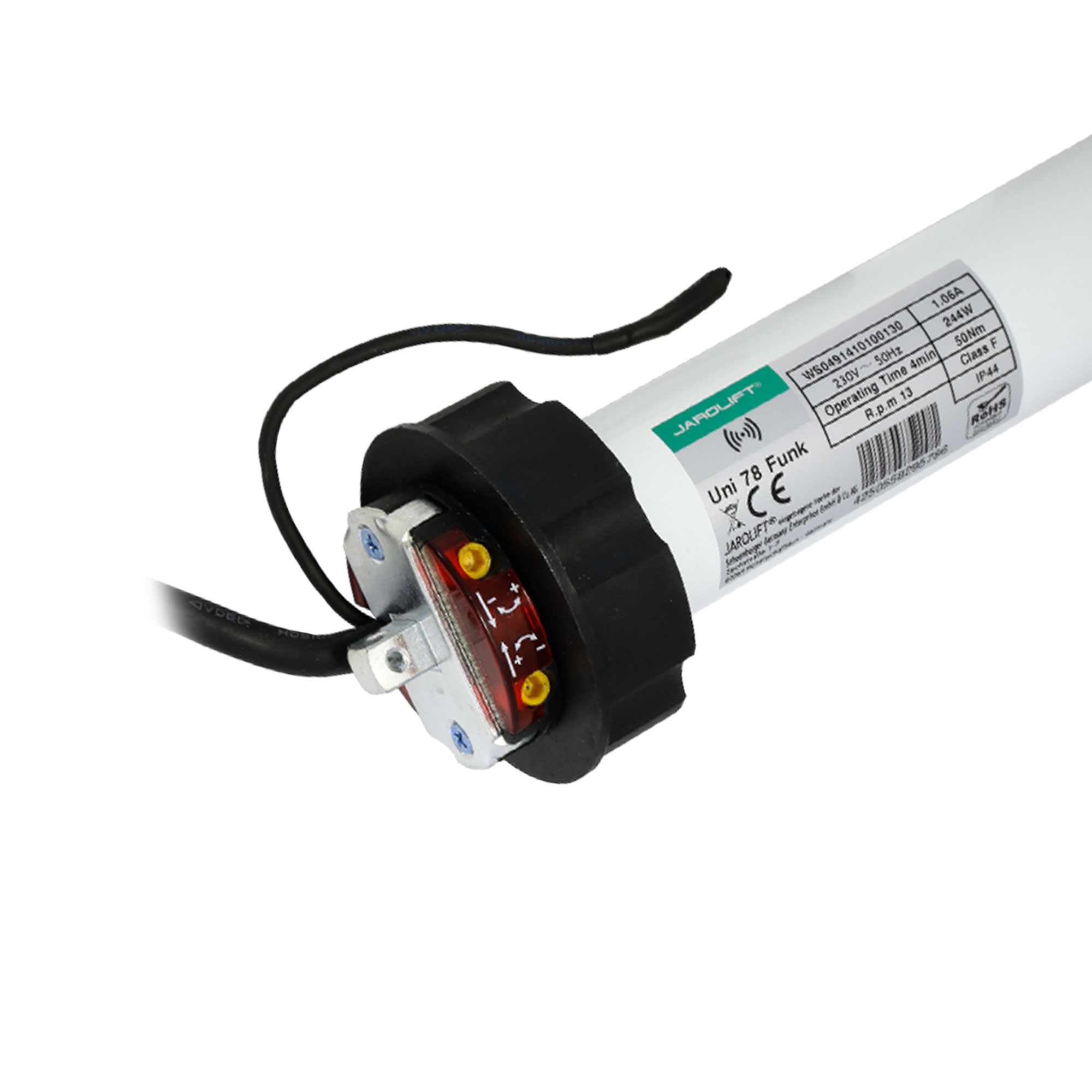 slider_image_0192b3164bd17193aef4bc1bdd271e68 Funk-Markisenmotor Universal mit Kabelanschluss und Beschriftung auf der Oberfläche