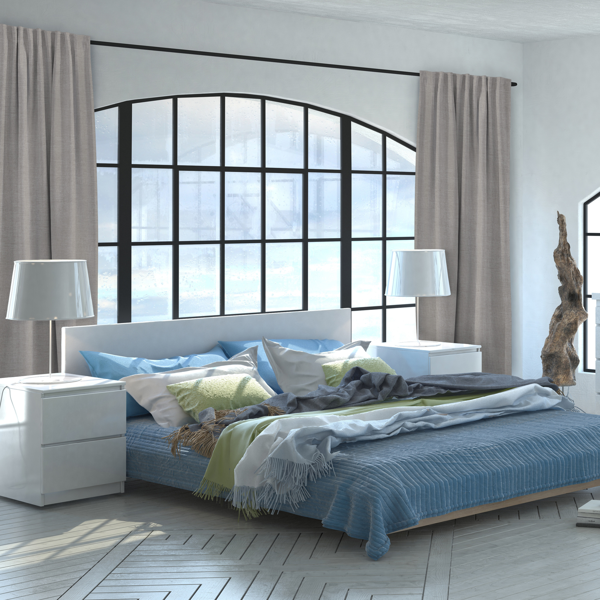 Thermo-Vorhang mit Kombiband an Fenster in modernem Schlafzimmer, Bett und Nachttische sichtbar