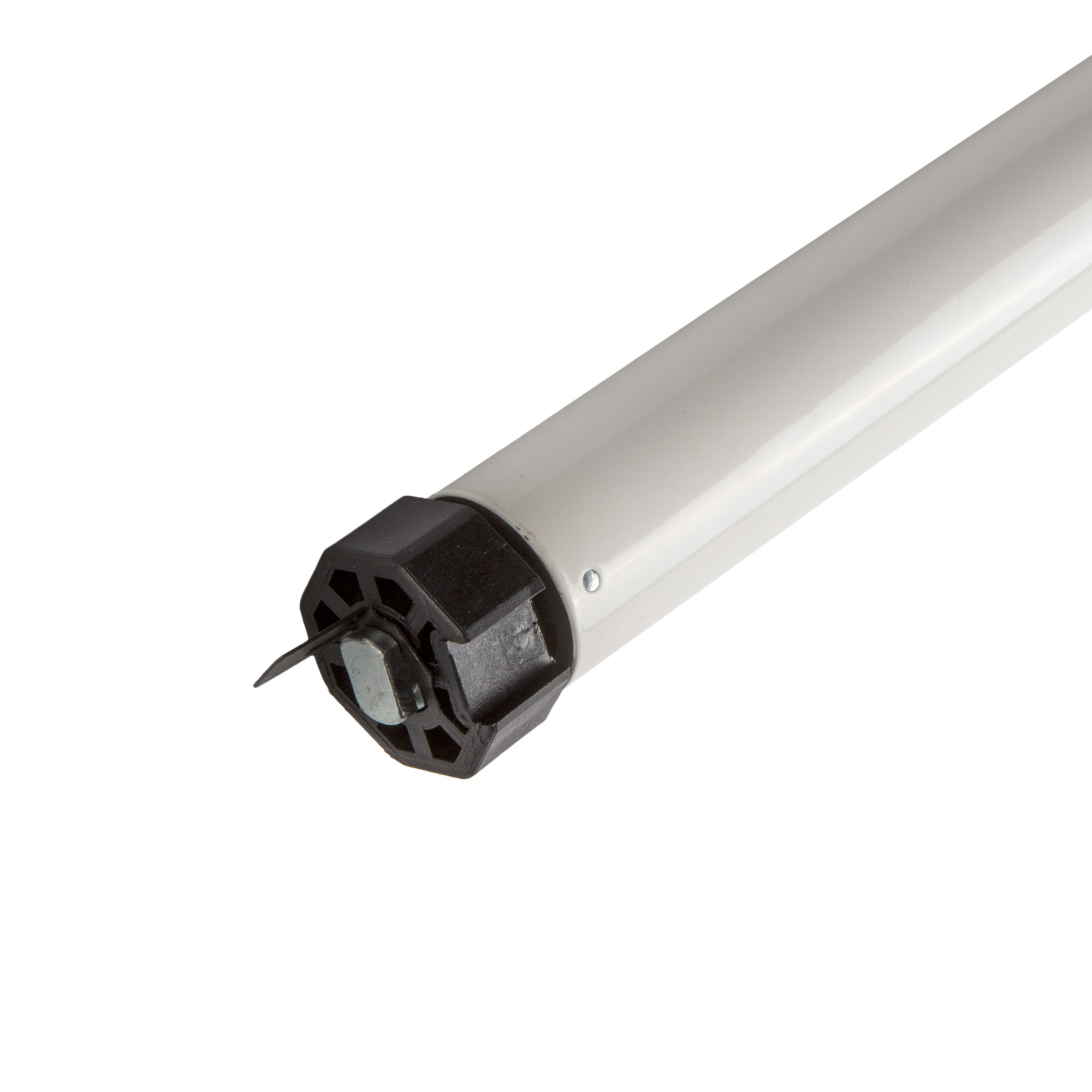 Rollladenmotor mit zylindrischem Gehäuse und Befestigungselementen für automatisierte Systeme