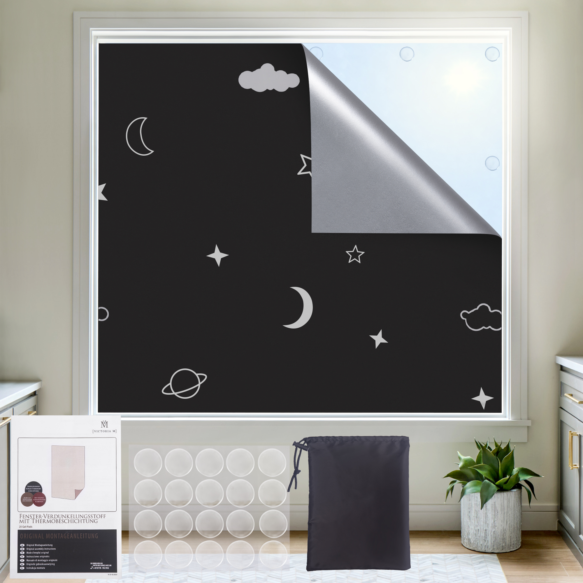 Fenster-Verdunkelungsstoff mit Thermobeschichtung | 20 Gel-Klebepads, 130 x 200 cm, sternenhimmel