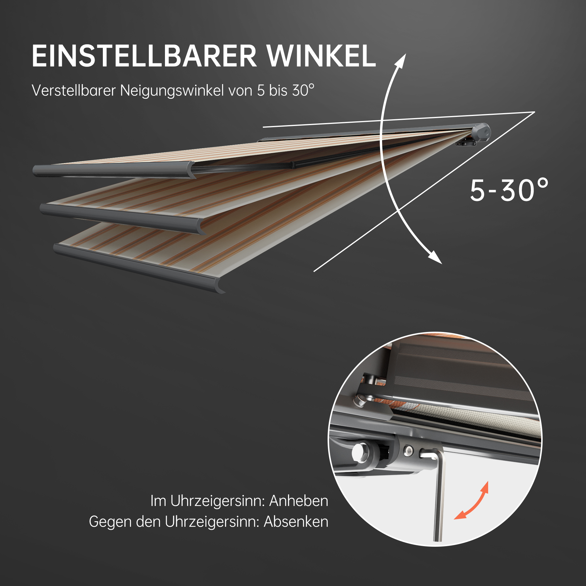 Kassettenmarkise mit verstellbarem Neigungswinkel von 5 bis 30 Grad