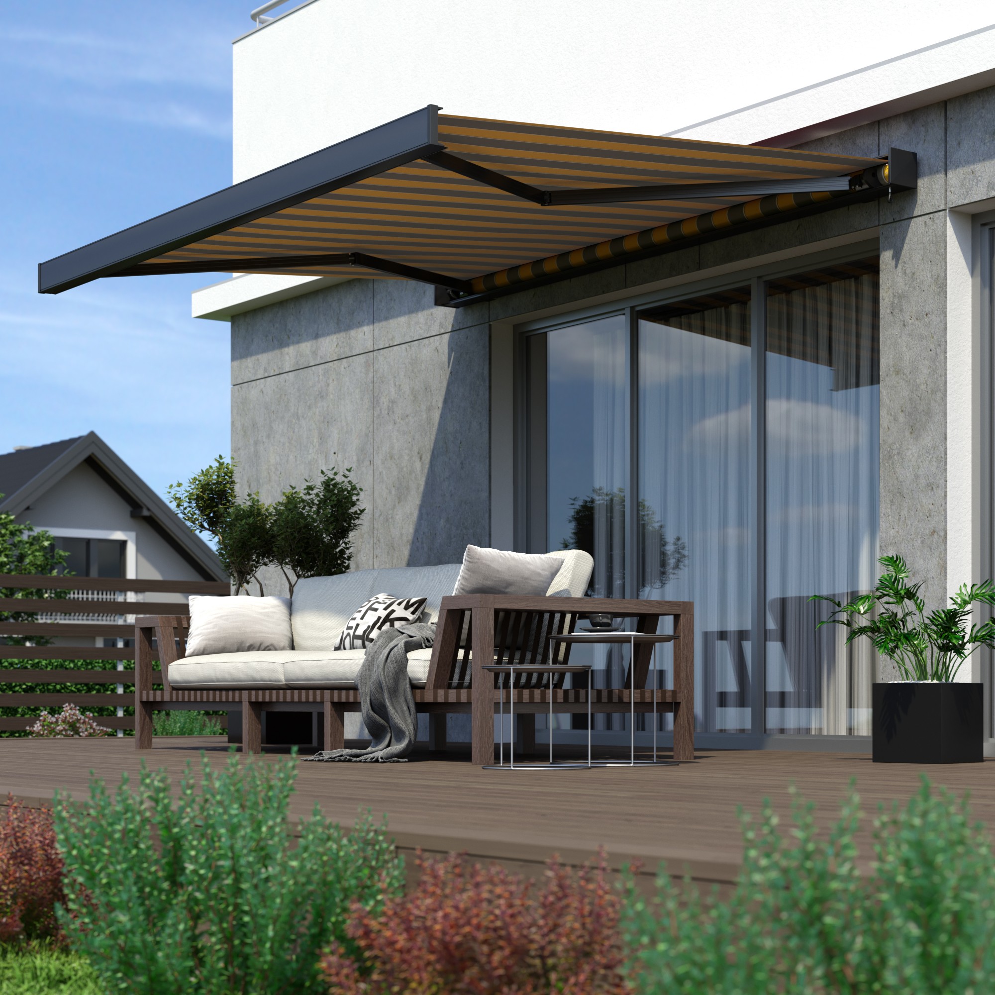 Kassettenmarkise Line über Terrasse mit Sitzbereich und Pflanzen