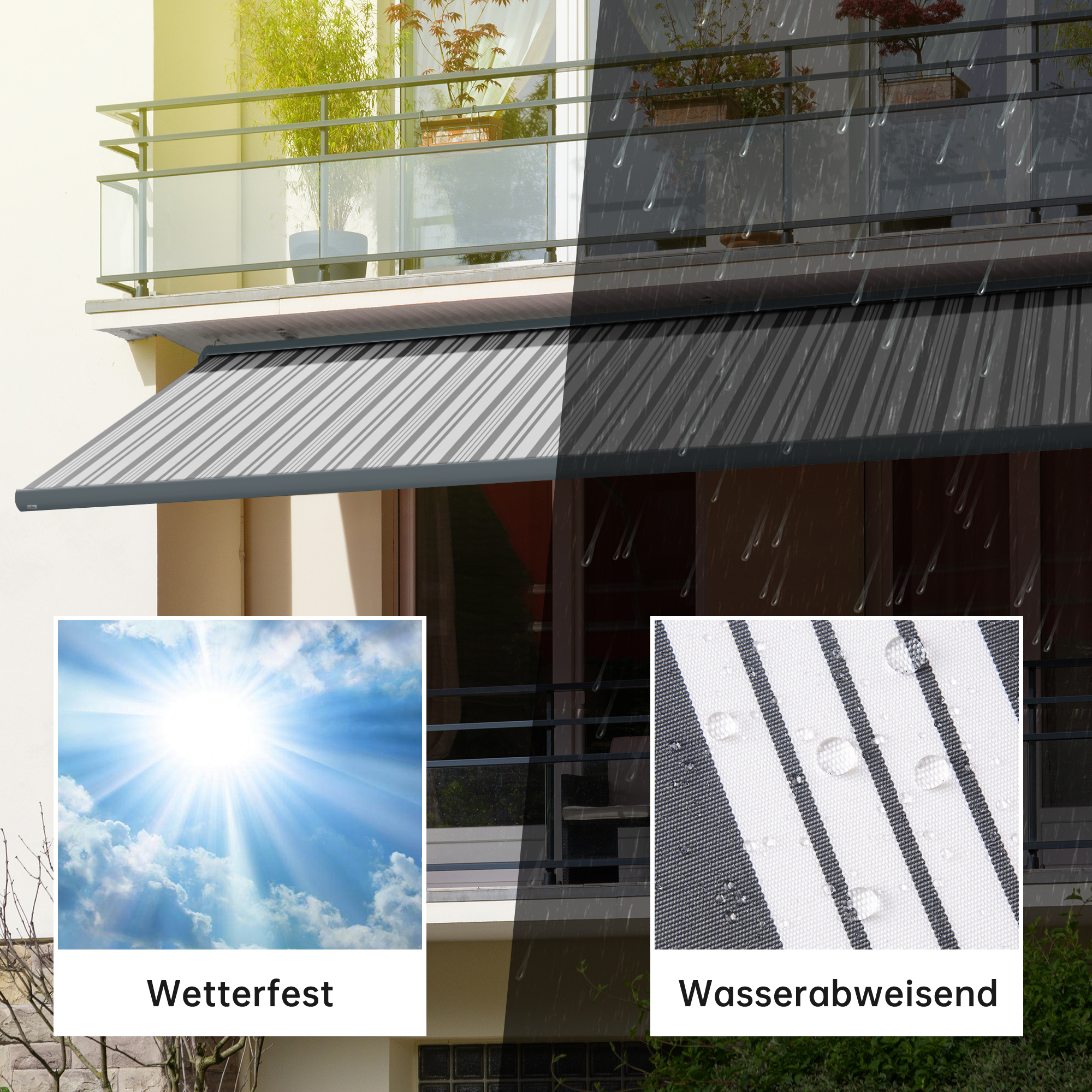 Kassettenmarkise Curve 2000 an einem Balkon, wetterfest und wasserabweisend