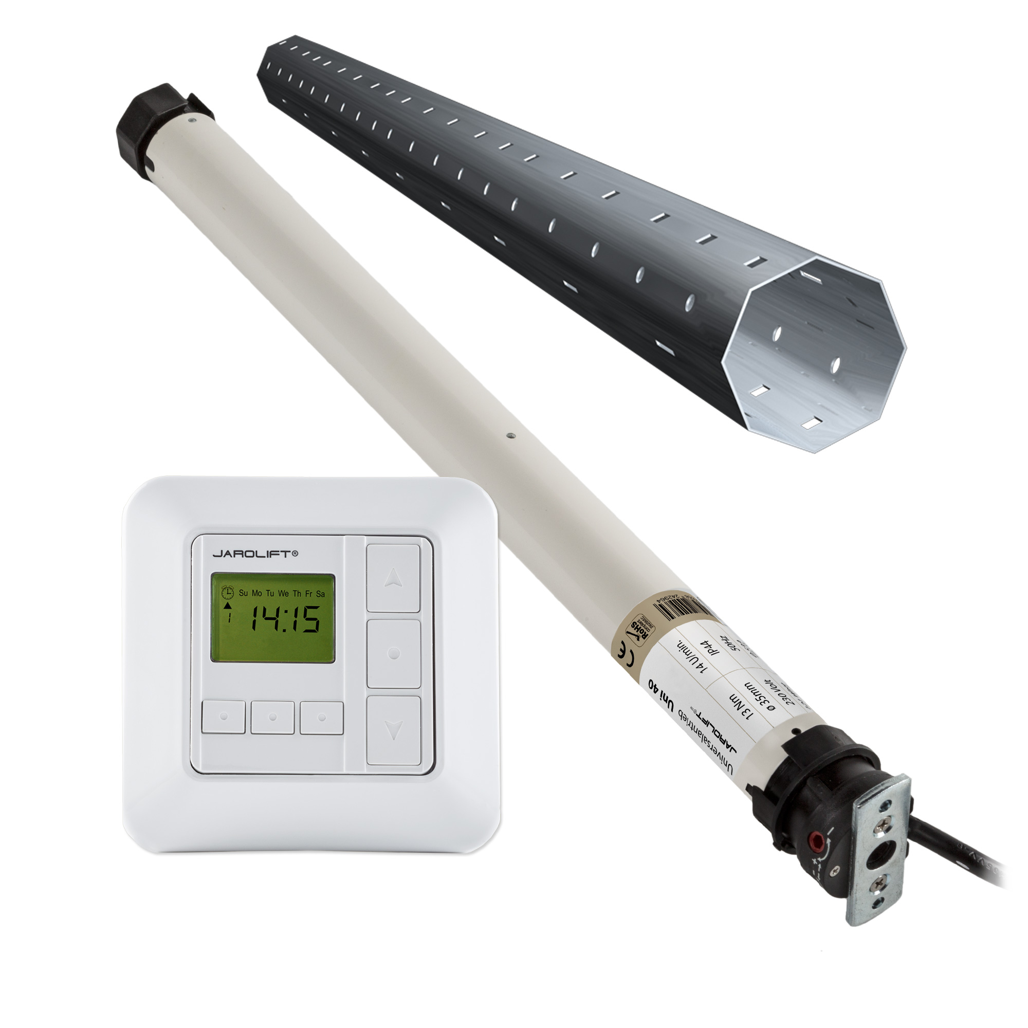 Rollladenmotor mit Steuerung und Kabel für automatisierte Rollladenbedienung