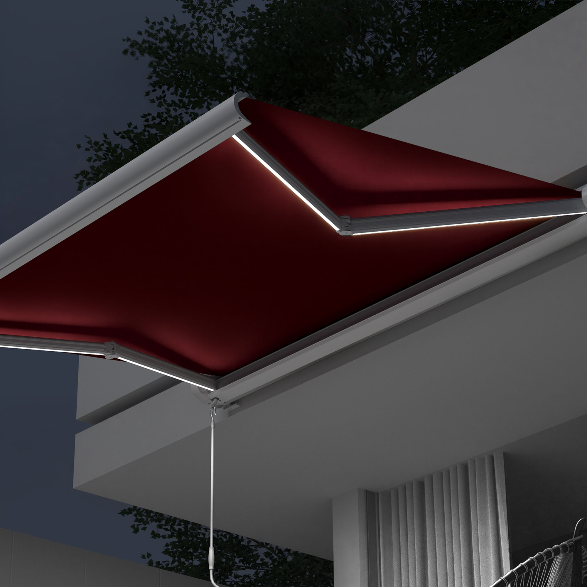 Kassettenmarkise Curve LED | 4 x 3 m, weiß, Stoff: weinrot, Uni