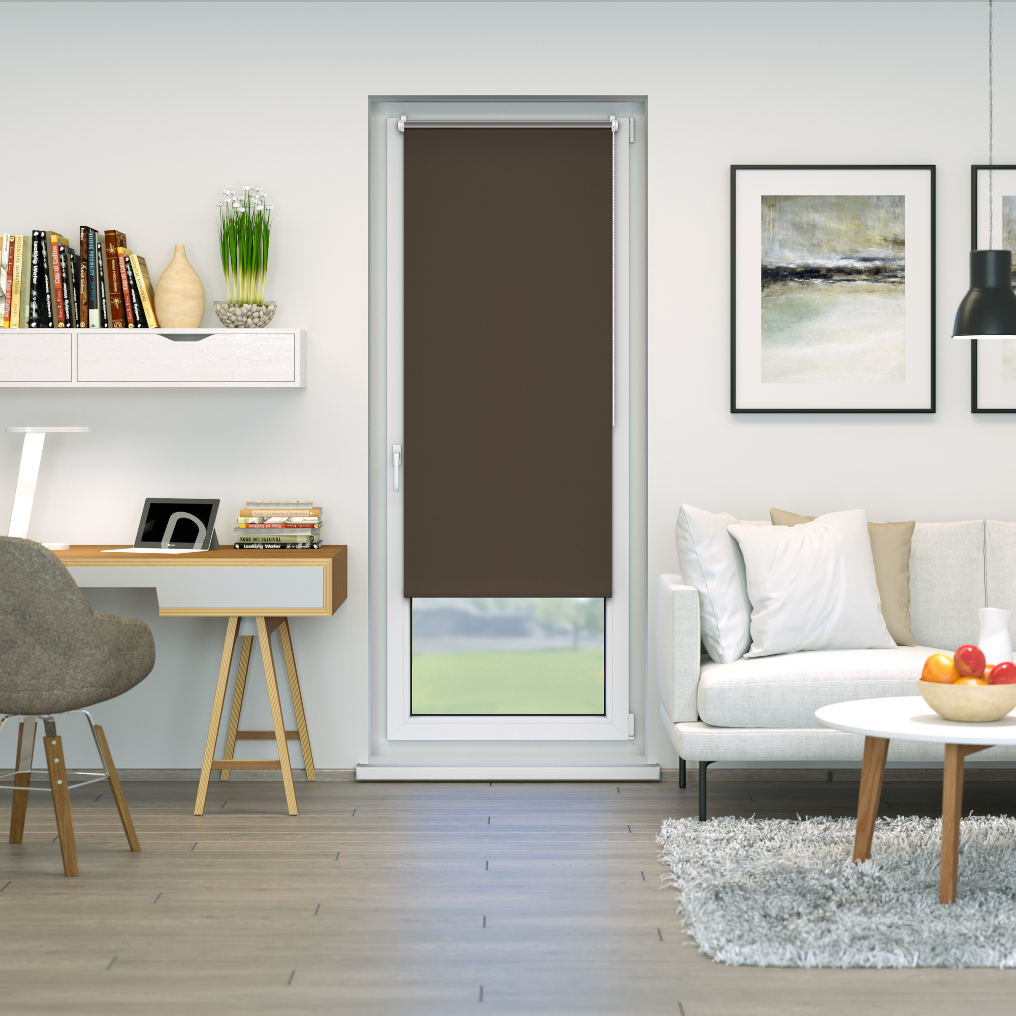 Verdunkelungsrollo an einem Fenster in einem modern eingerichteten Raum