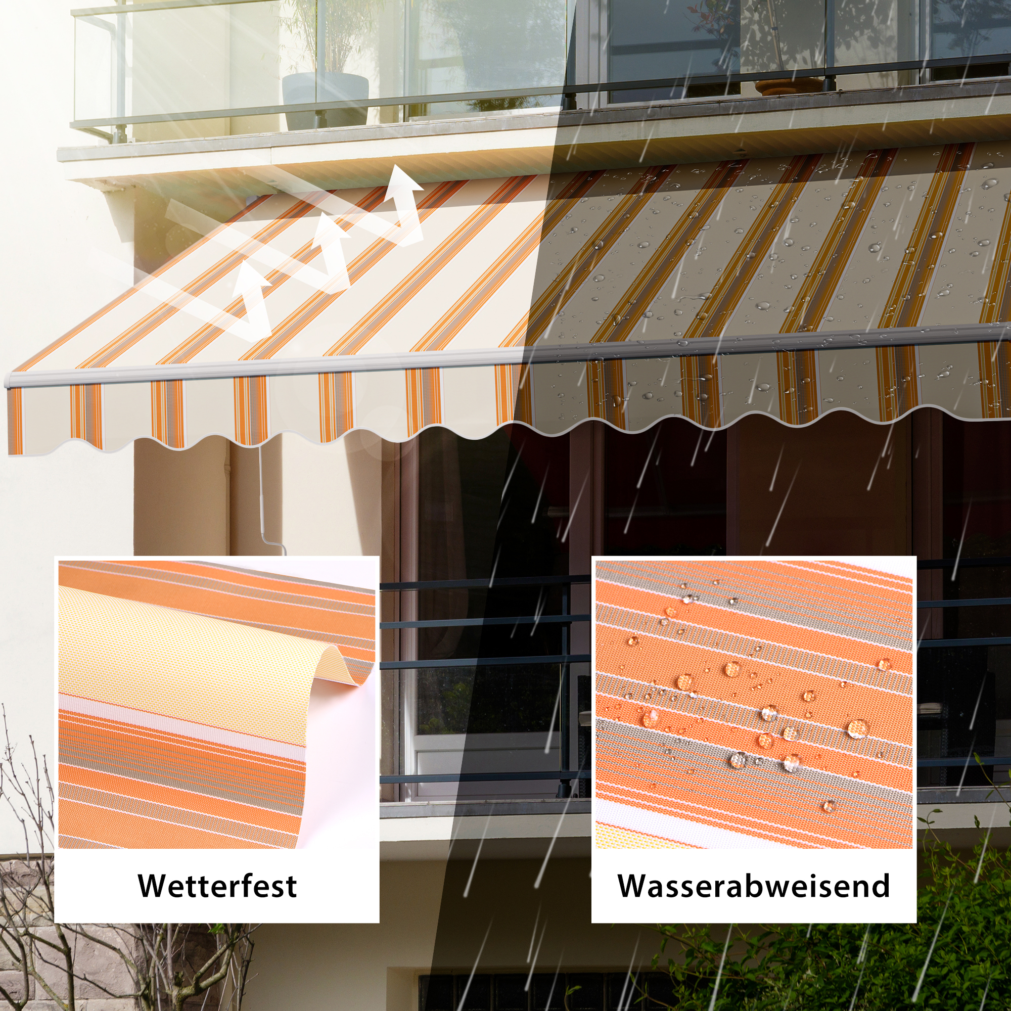 Gelenkarmmarkise Basic 2000 an einem Balkon, wetterfest und wasserabweisend