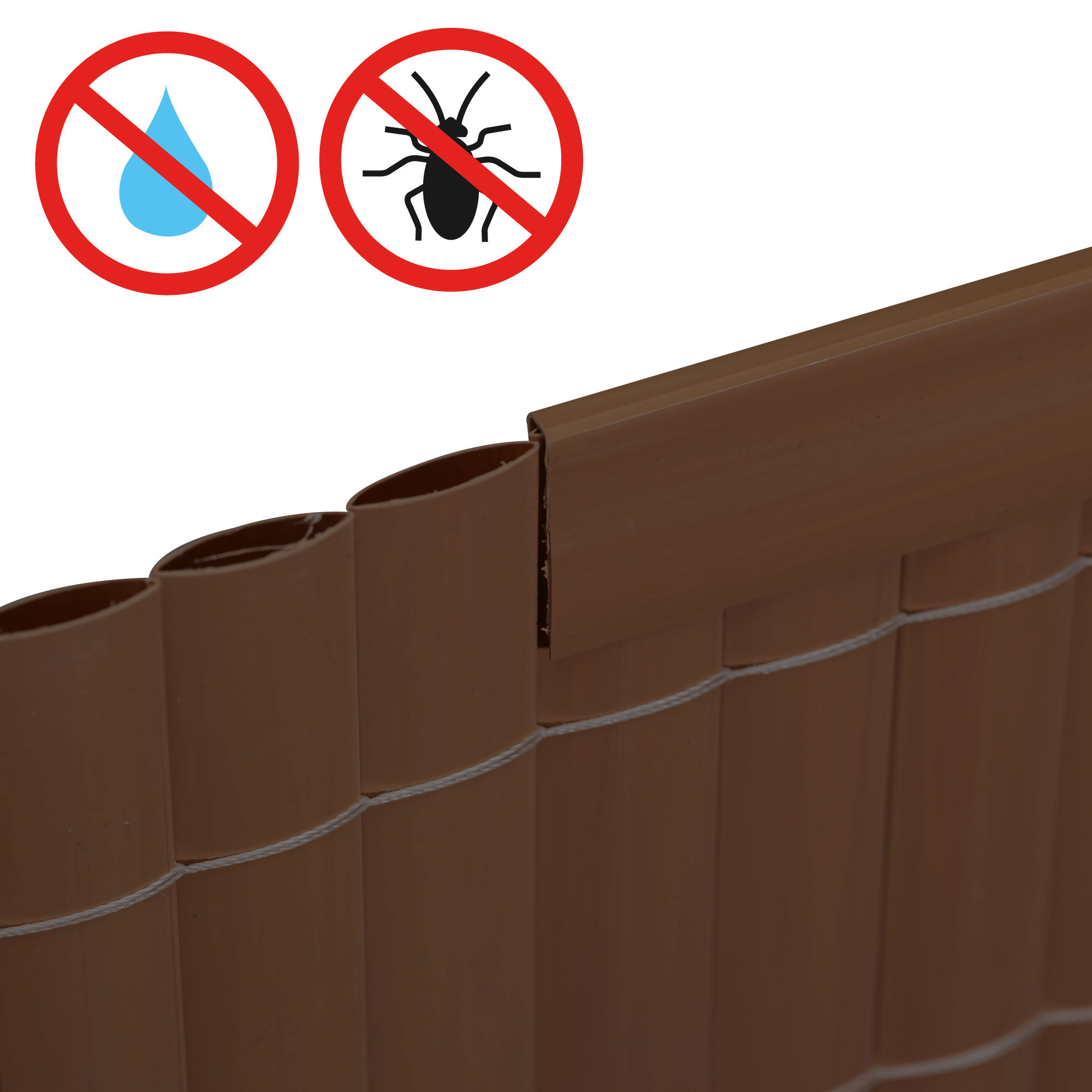 slider_image_b2fd65382d2a44c4b59fecd9fe1634d1 PVC Abdeckprofil für Sichtschutzmatten, wasser- und insektenabweisend, zeigt Montageansicht