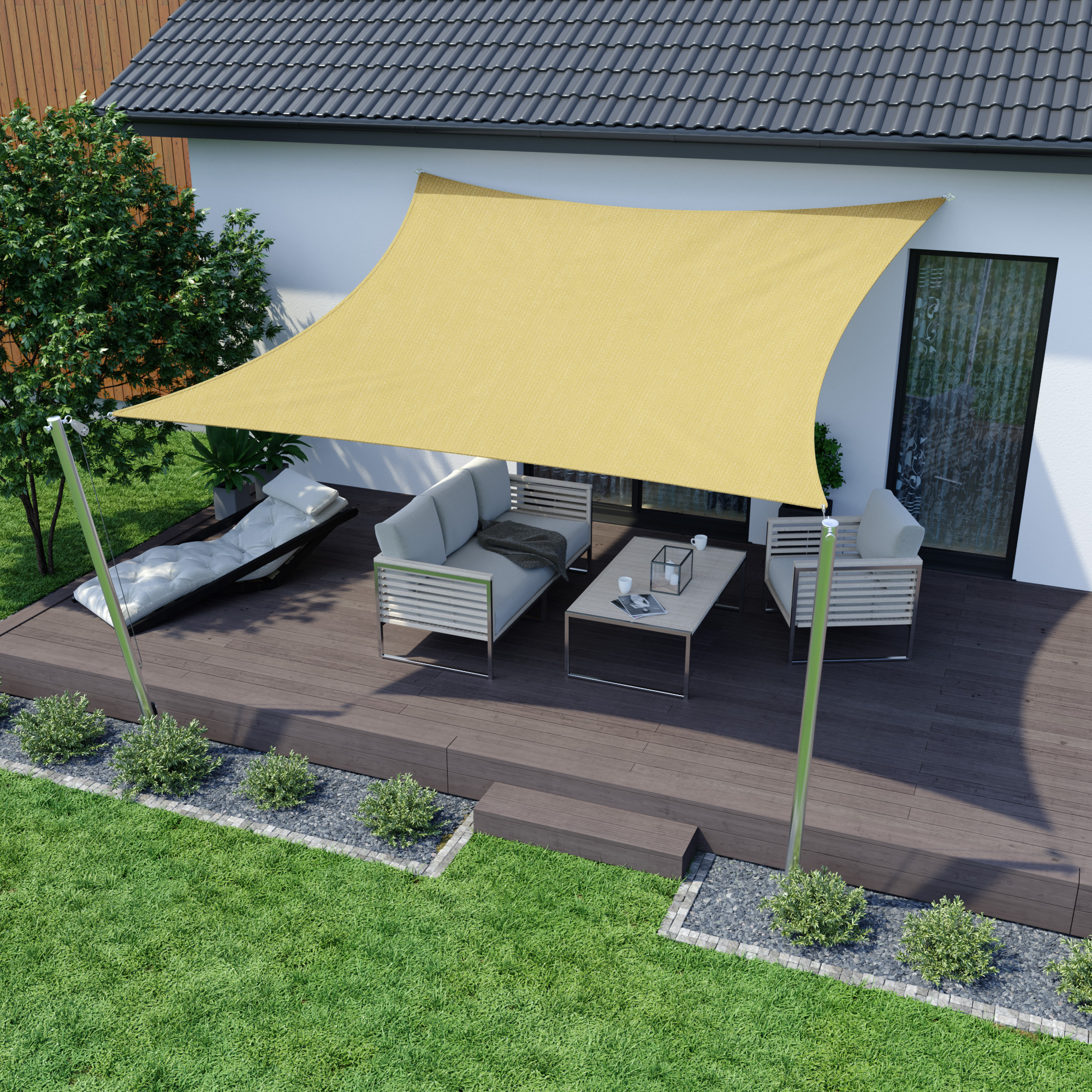 Sonnensegel über Terrasse mit Sitzgruppe, bietet Schatten und Schutz, atmungsaktives Material