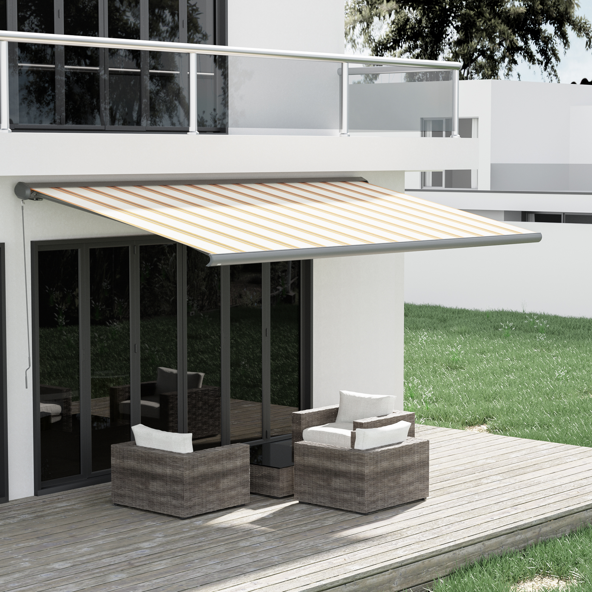 Terrasse mit Markise und Sitzmöbeln vor einem modernen Gebäude