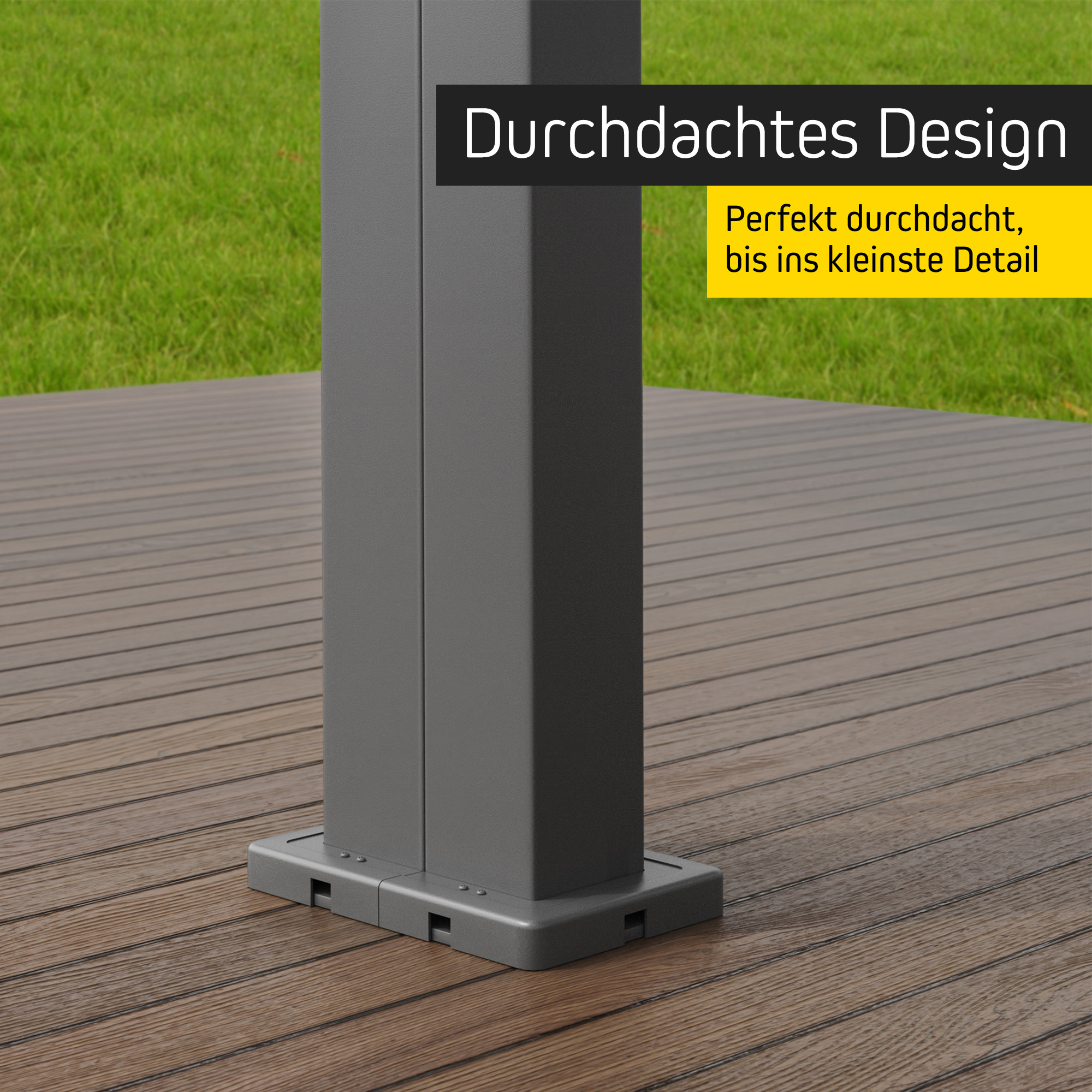 Stützpfosten einer Pergola mit Lamellendach auf Holzterrasse, Text: Durchdachtes Design