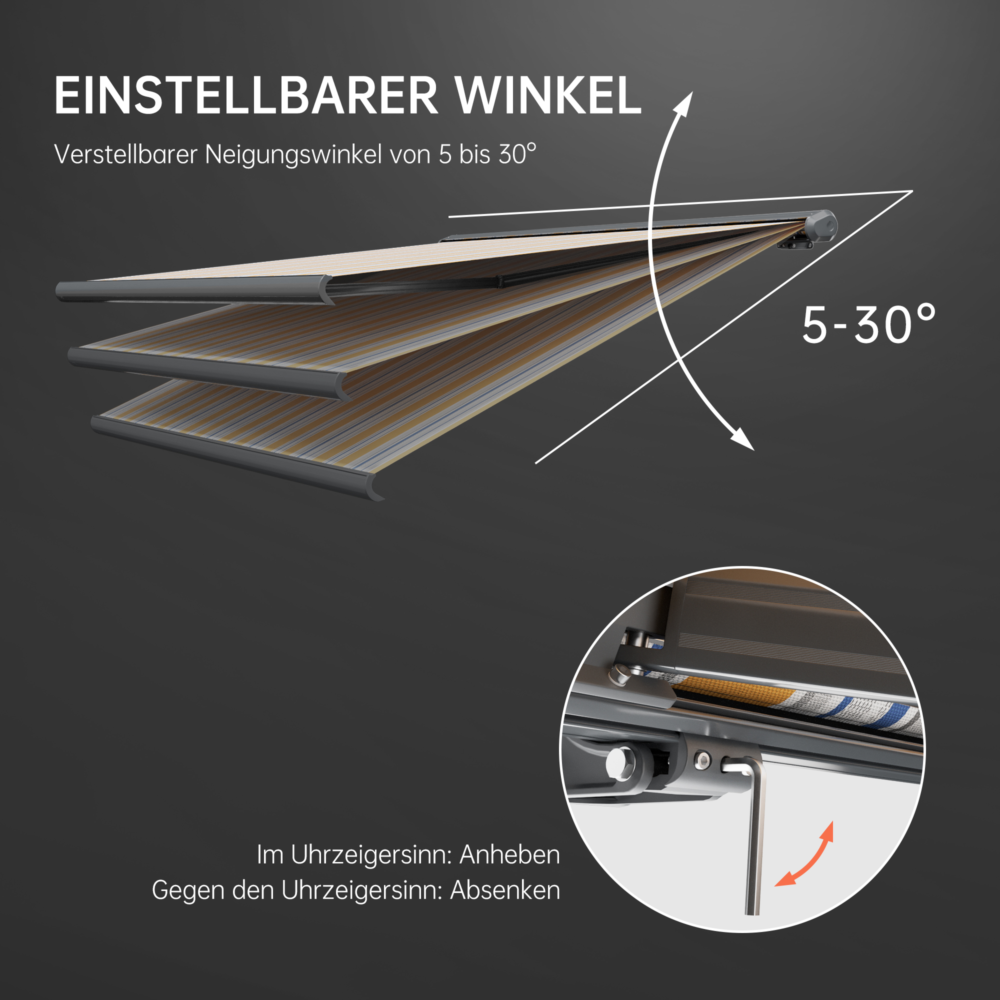 Kassettenmarkise mit verstellbarem Neigungswinkel von 5 bis 30 Grad