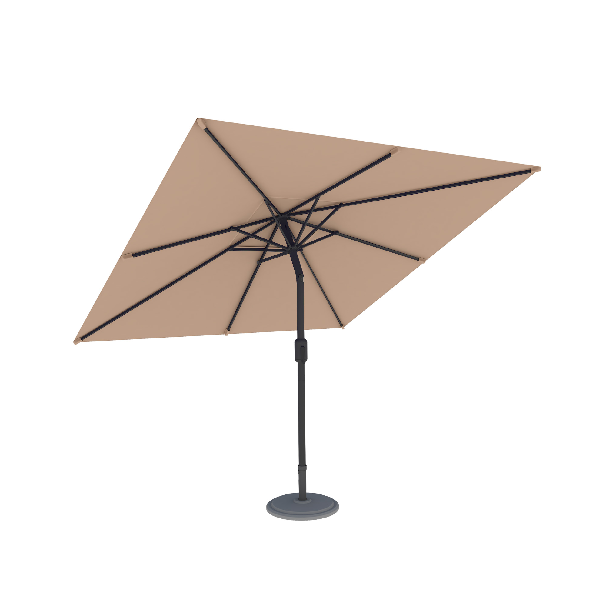 Quadratischer Sonnenschirm mit stabilem Standfuß und verstellbarem Mast