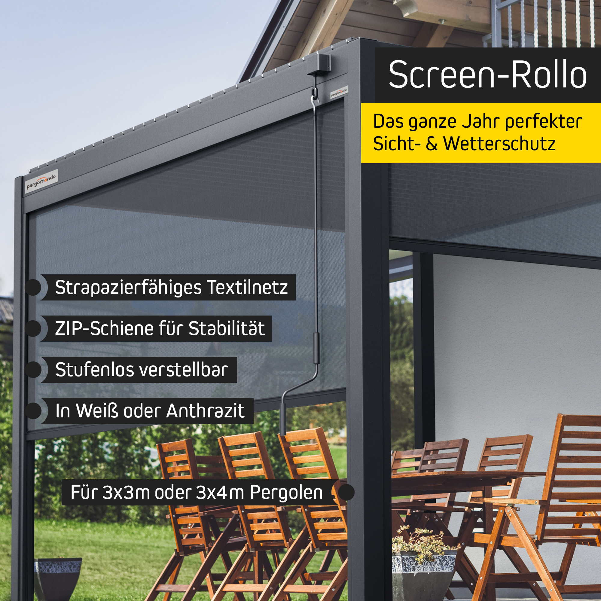 Screen-Rollo für Pergola mit Lamellendach, verstellbar, stabilisierende ZIP-Schiene