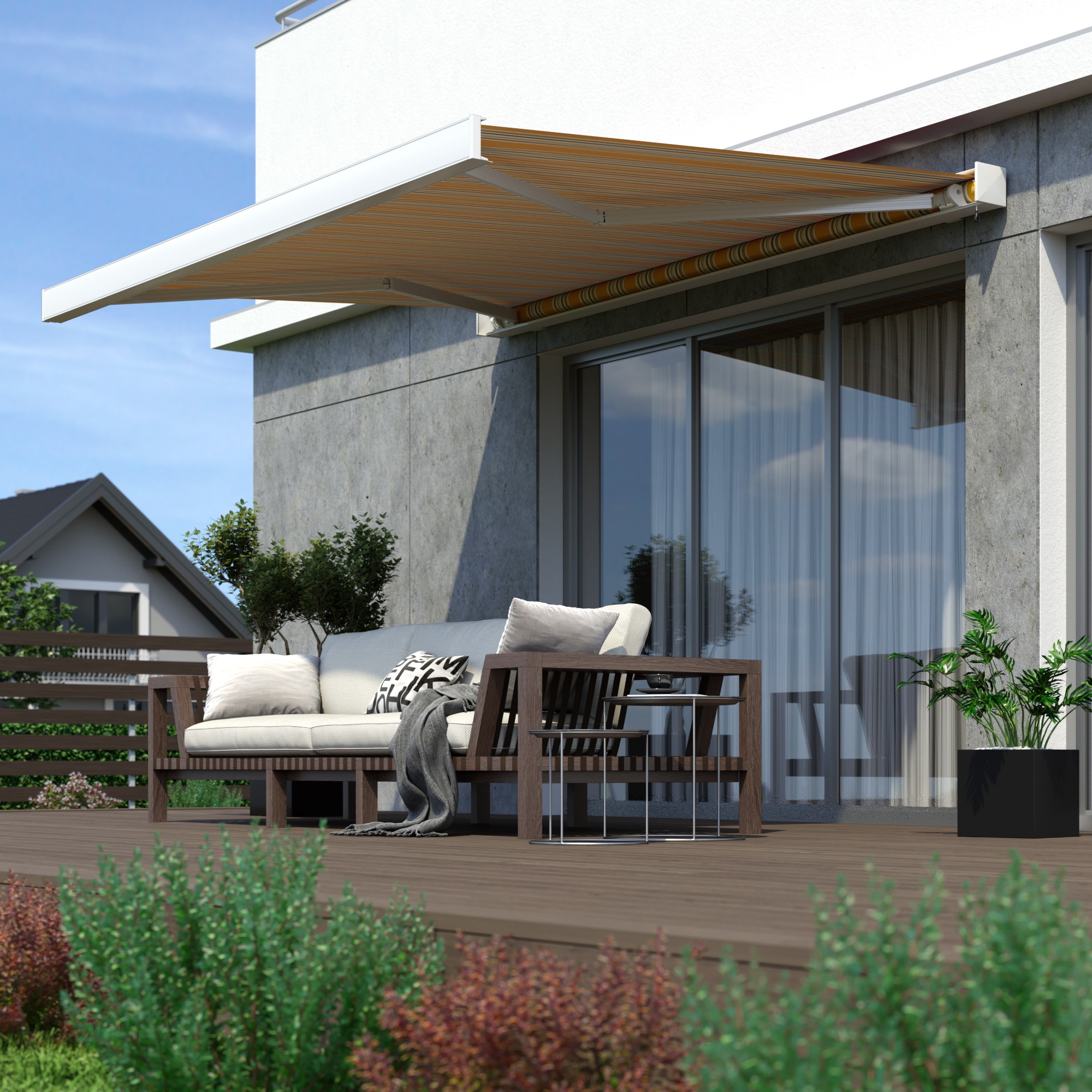 Kassettenmarkise Line über Terrasse mit Sitzbereich und Pflanzen