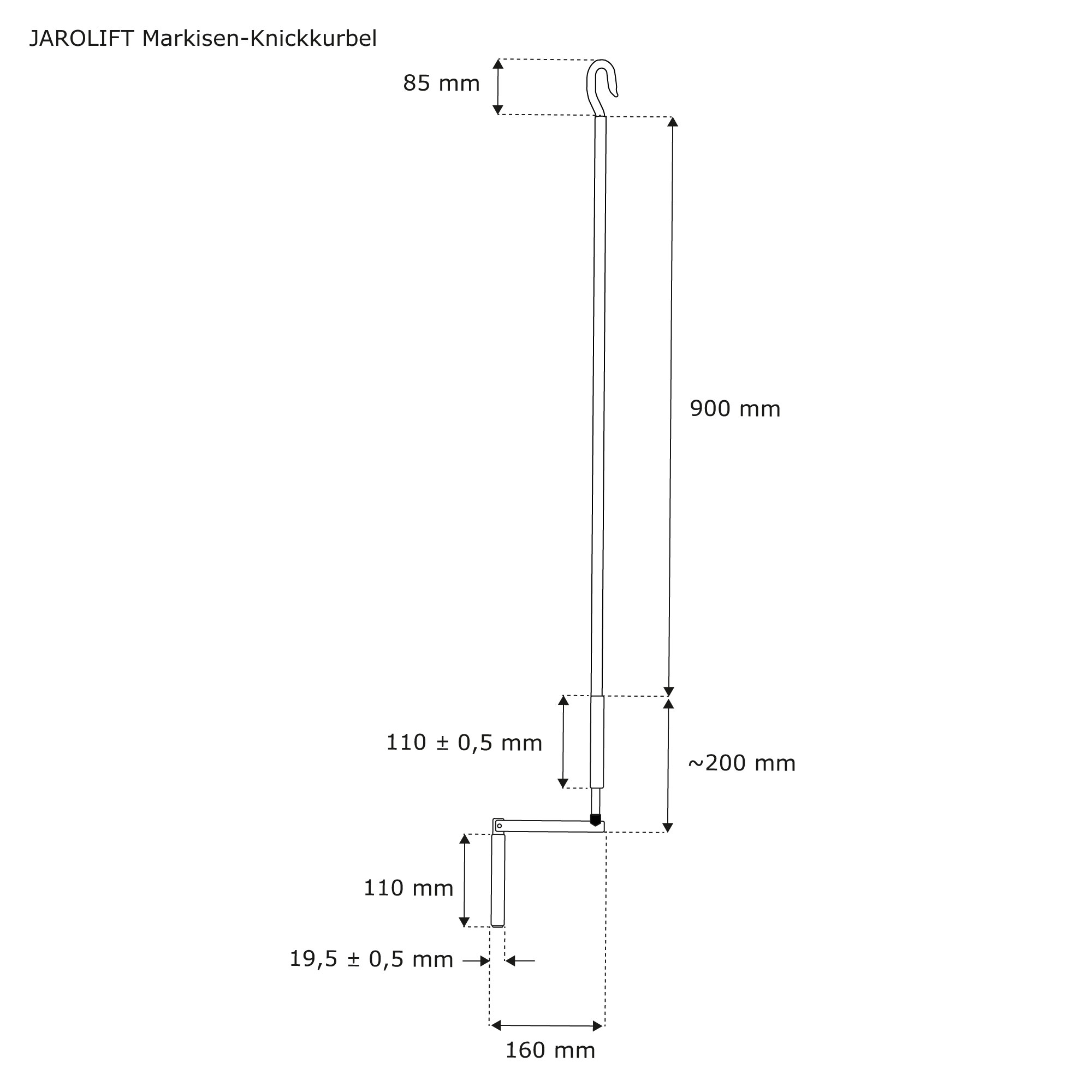 Diagramm einer Markisen-Knickkurbel mit Maßen und Haken oben