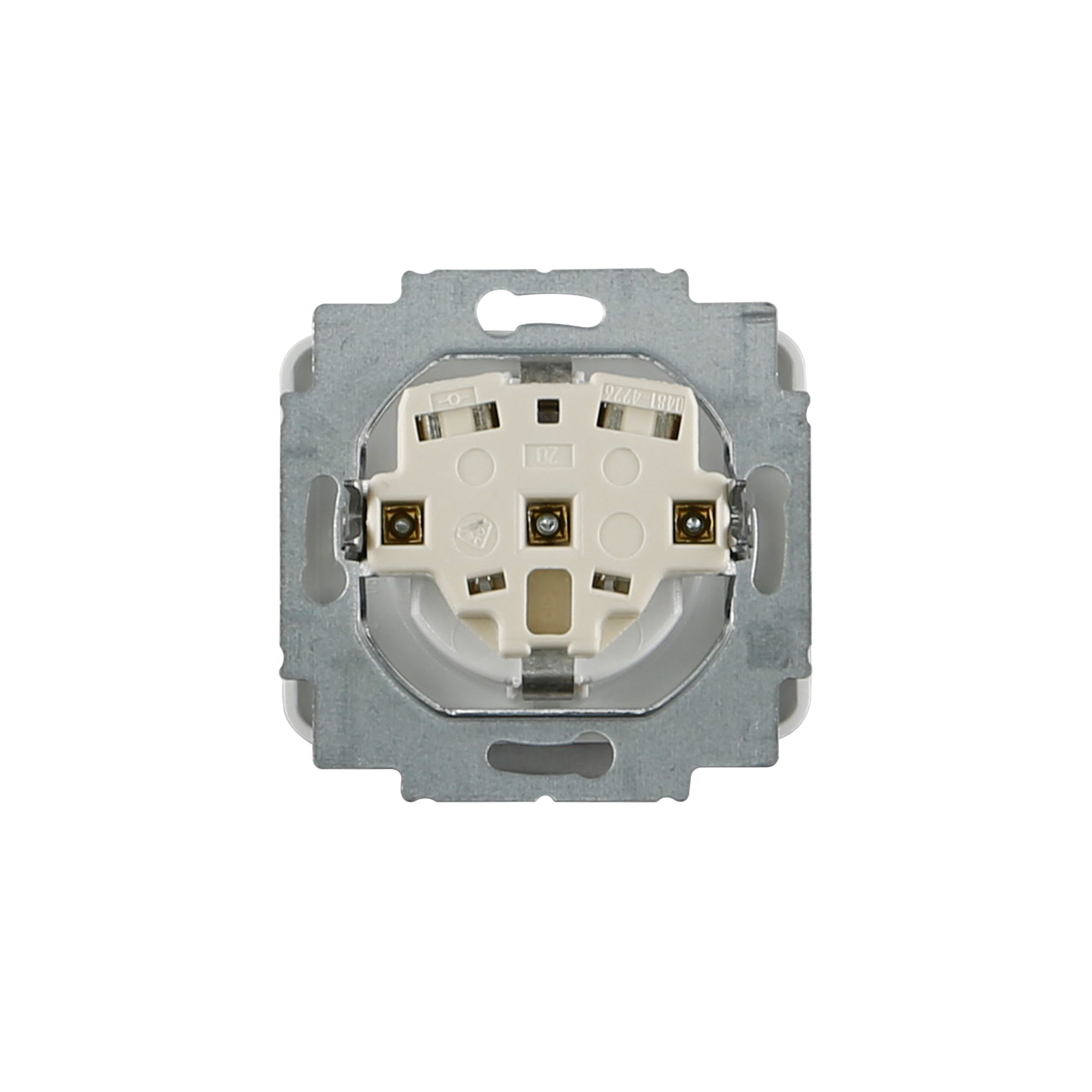 Elektrische Steckdose mit Metallrahmen und Befestigungspunkten für Wandmontage