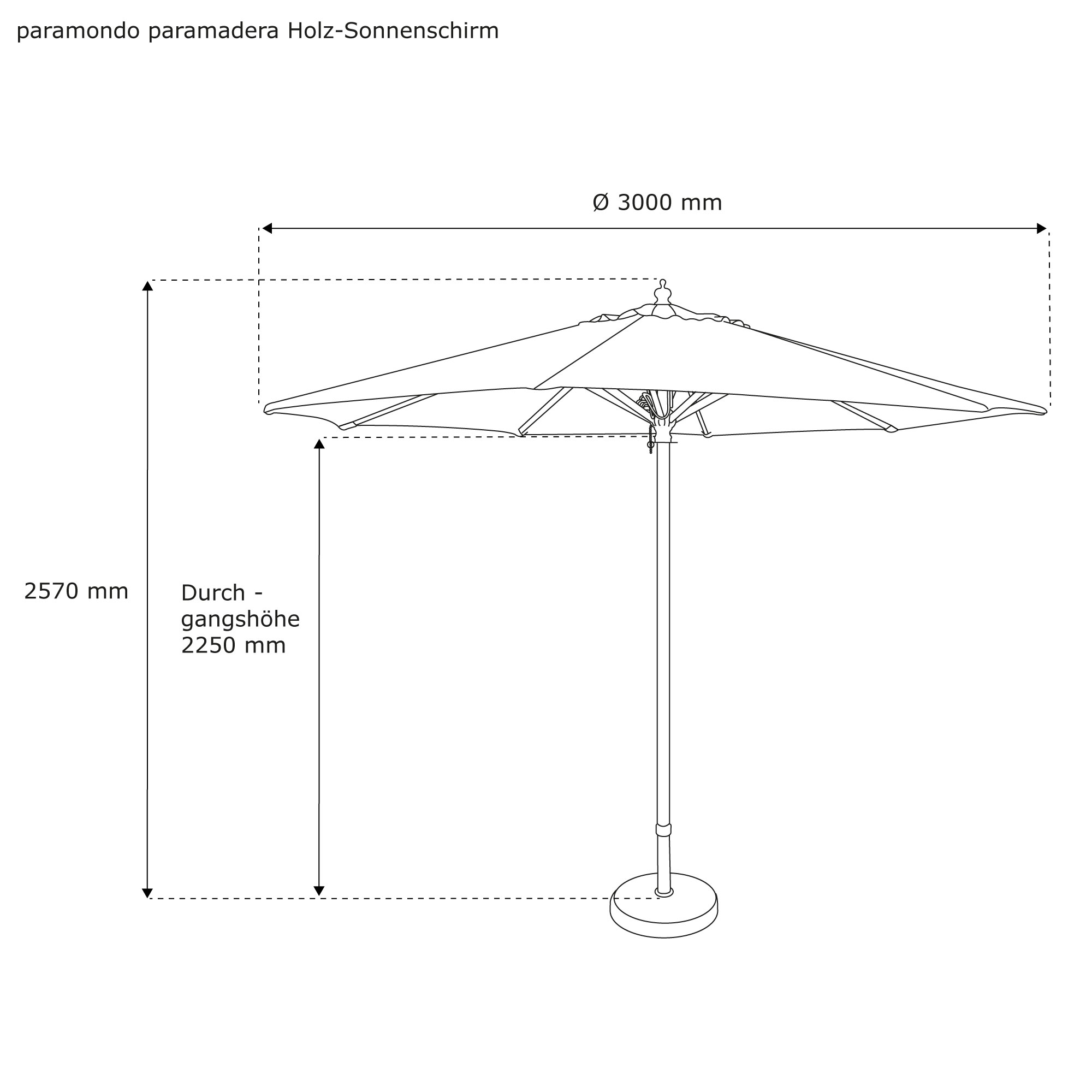 Knickbarer Holz-Sonnenschirm mit rundem Schirm und zentralem Ständer, technische Zeichnung