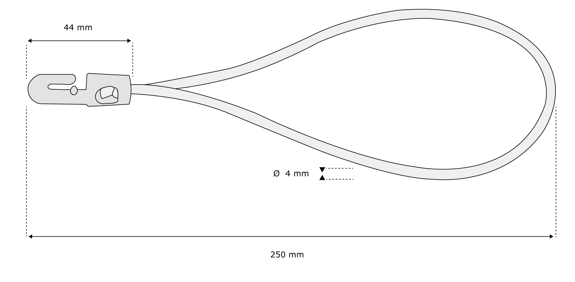Expanderschlinge mit Kunststoffhaken, schematische Darstellung mit Maßen