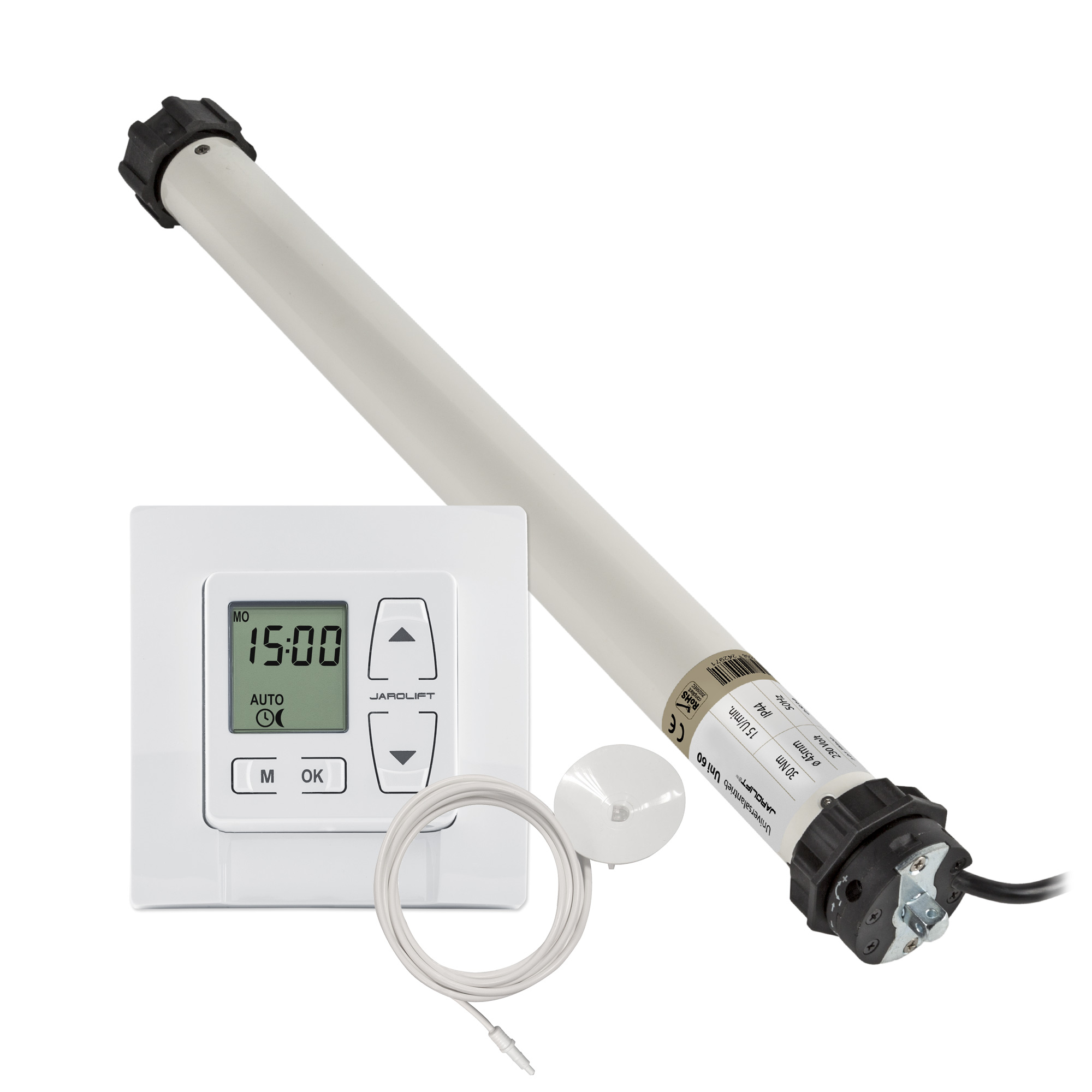 Rollladenmotor mit Steuerung und Kabel für automatisierte Rollladenbedienung