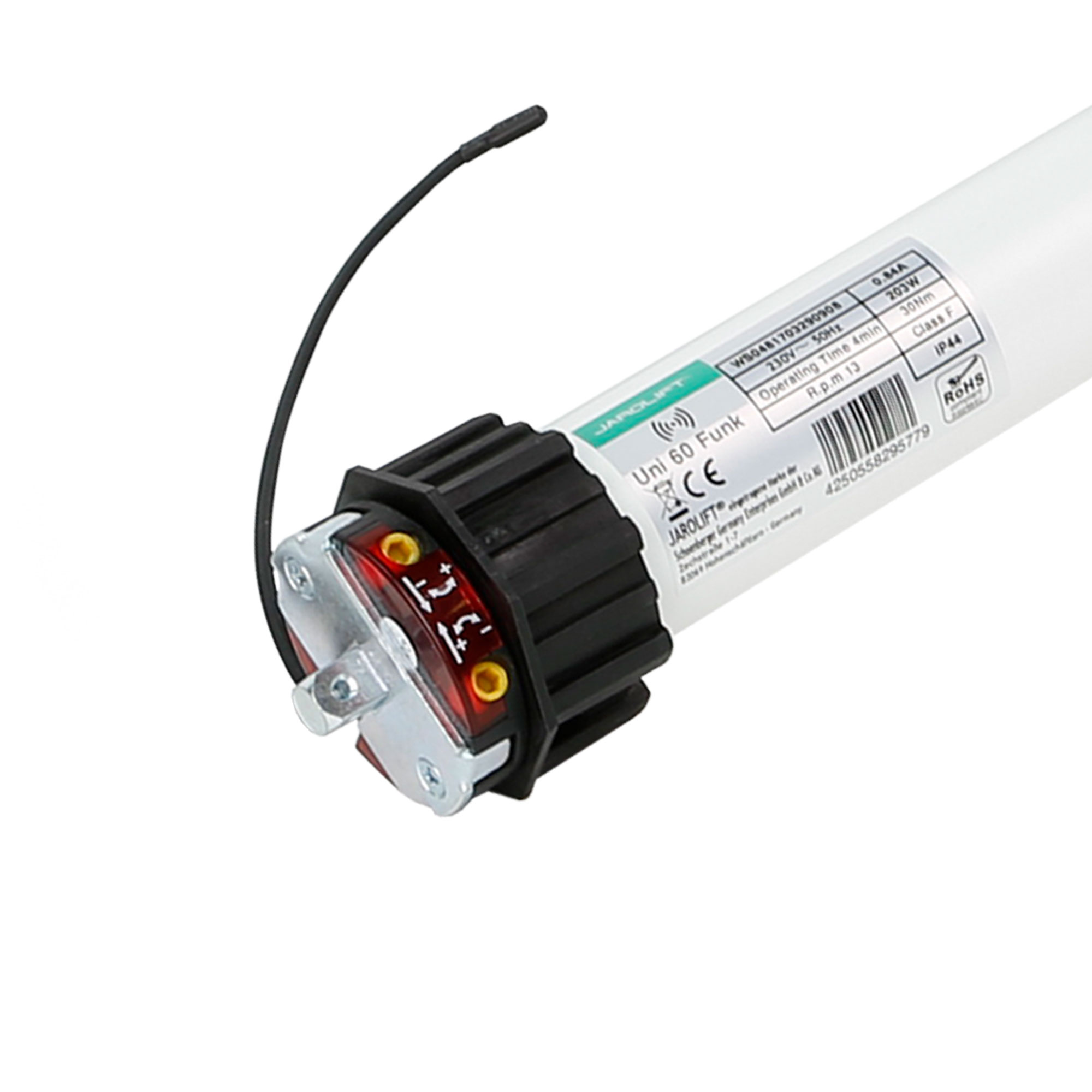 slider_image_ebf6345fa2a641088ed0c1c14738d6ef Funk-Rollladenmotor Universal mit Kabelanschluss und Beschriftung auf der Oberfläche